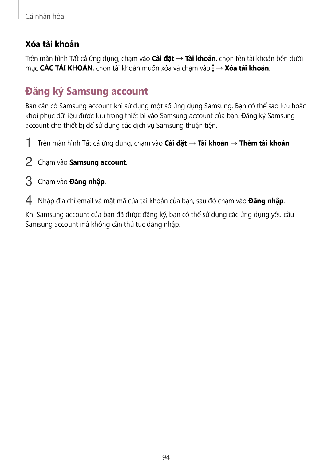 Samsung SM-N915FZKEXEV, SM-N915FZWEXEV manual Đăng ký Samsung account, Xóa tài khoản, Chạm vào Samsung account 