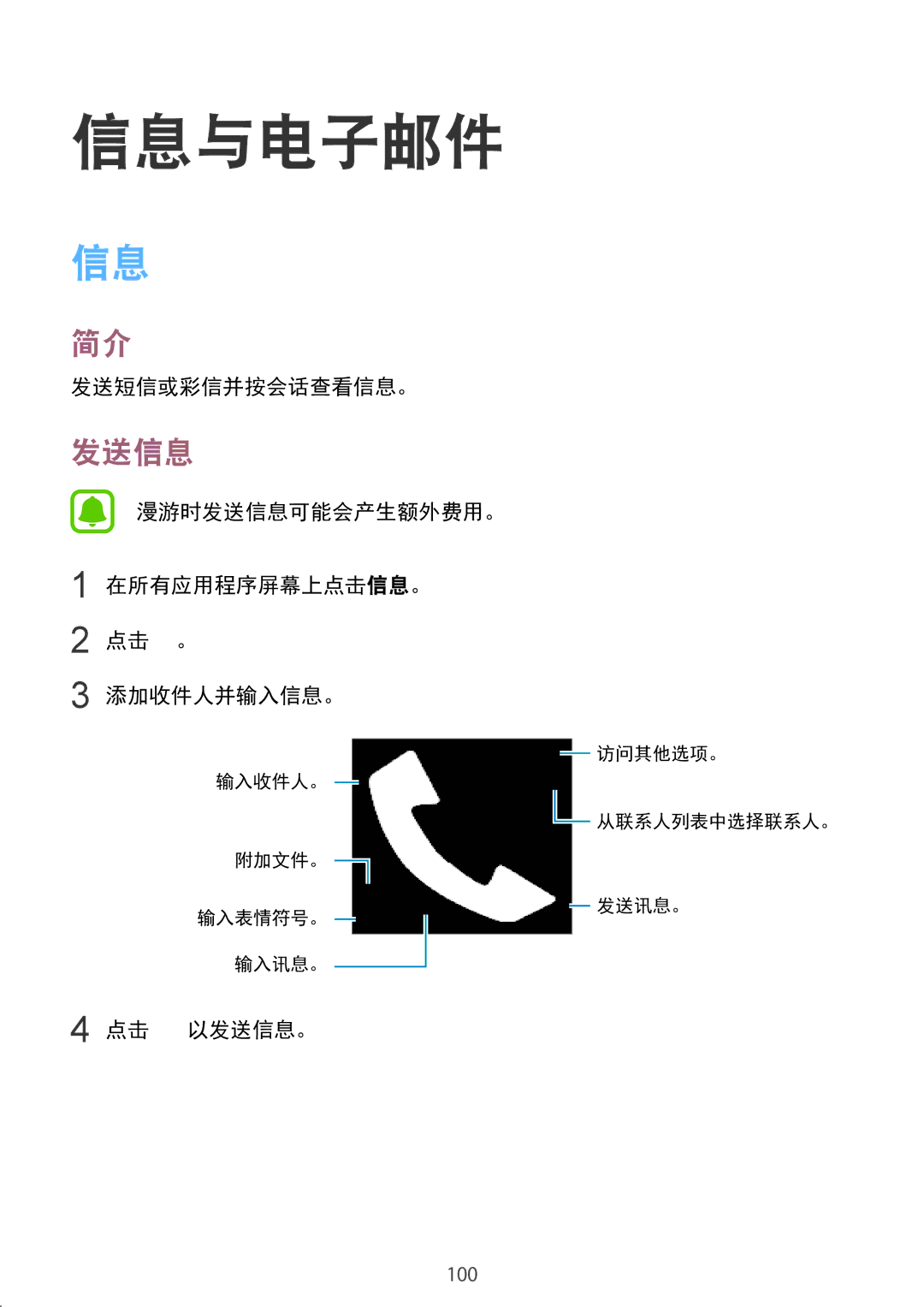 Samsung SM-N915FZKEXEV manual 信息与电子邮件, 发送短信或彩信并按会话查看信息。, 漫游时发送信息可能会产生额外费用。 在所有应用程序屏幕上点击信息。 点击 。 添加收件人并输入信息。, 点击 以发送信息。 