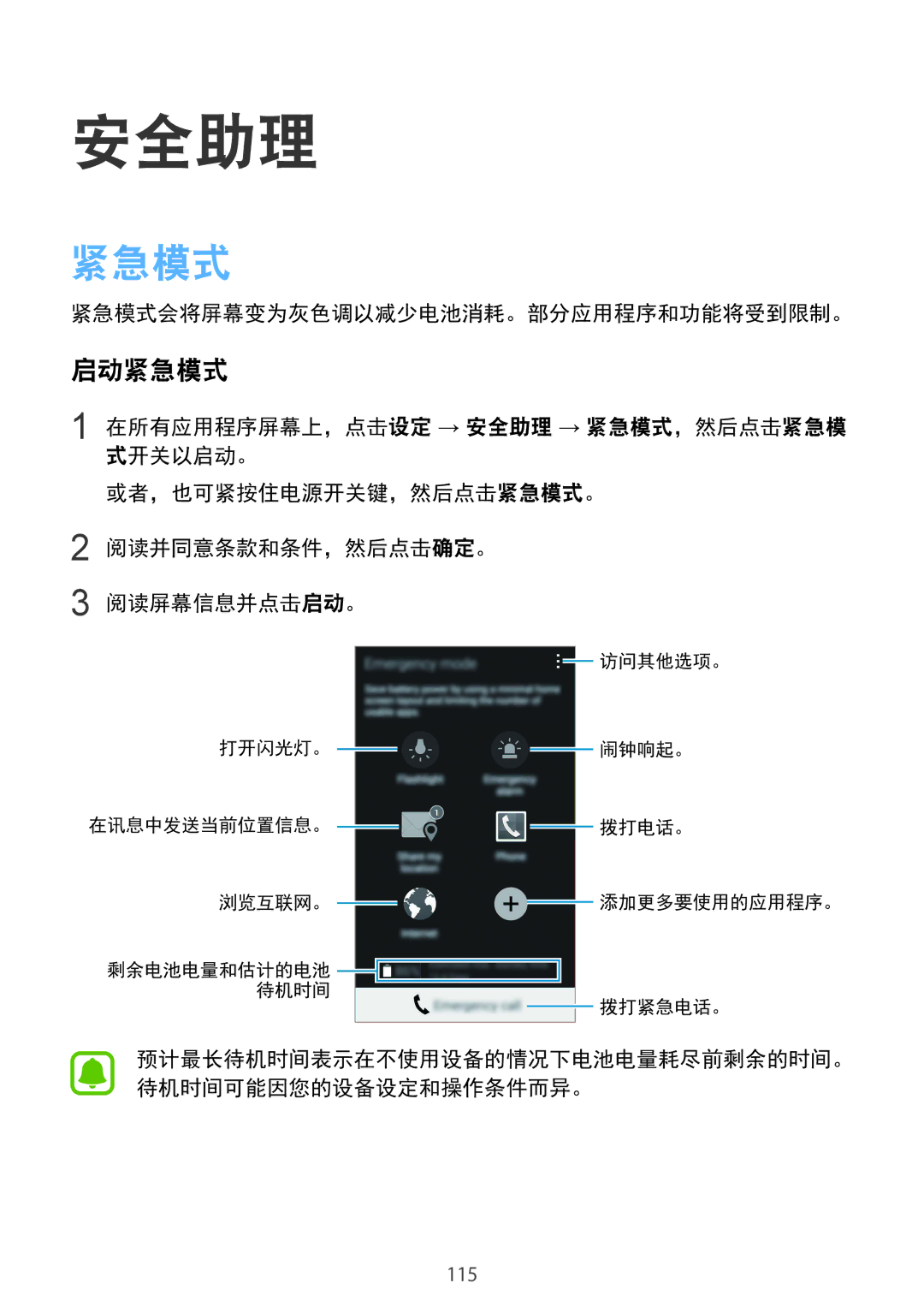 Samsung SM-N915FZWEXEV, SM-N915FZKEXEV manual 安全助理, 启动紧急模式, 紧急模式会将屏幕变为灰色调以减少电池消耗。部分应用程序和功能将受到限制。 