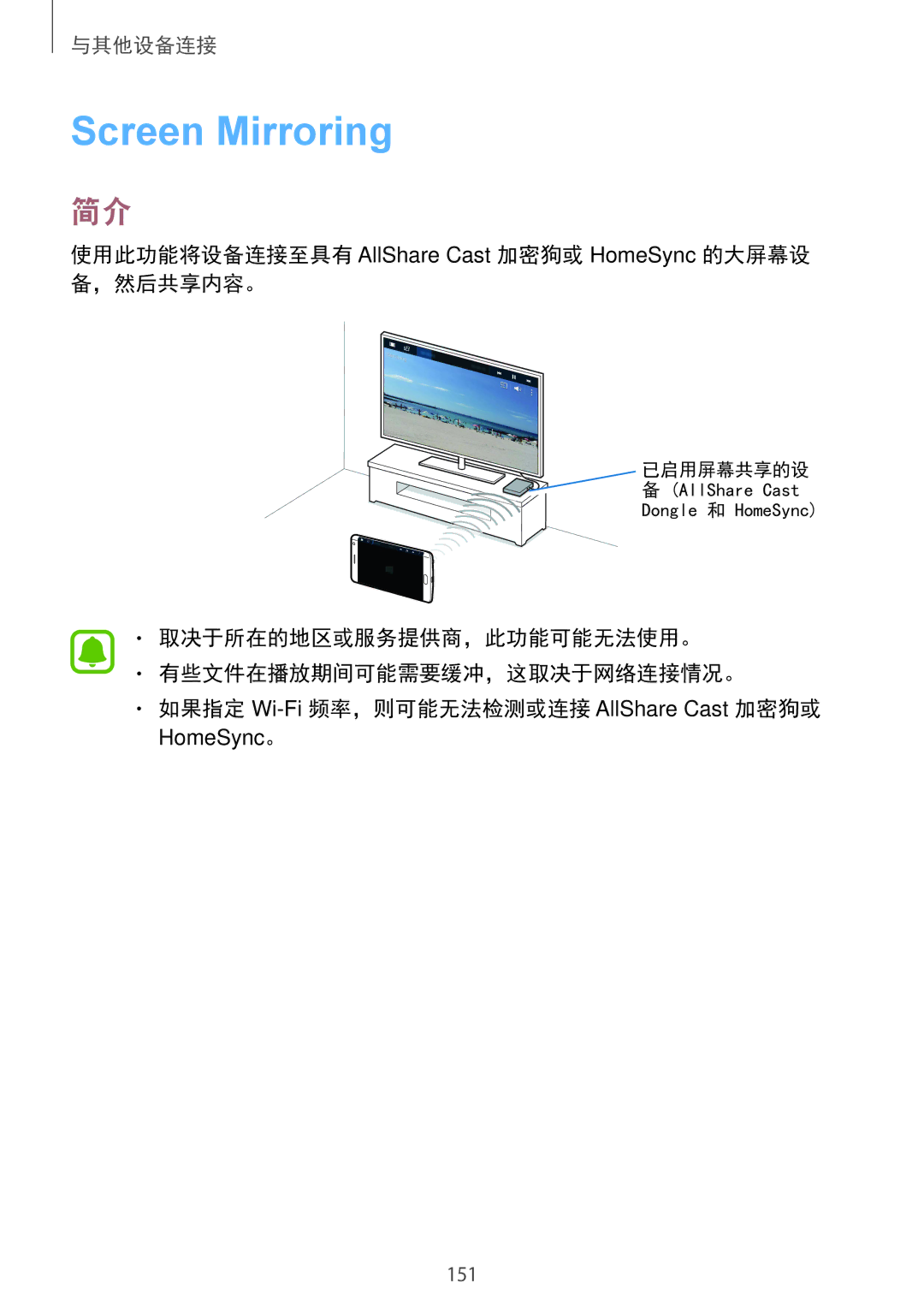 Samsung SM-N915FZWEXEV, SM-N915FZKEXEV manual Screen Mirroring, 使用此功能将设备连接至具有 AllShare Cast 加密狗或 HomeSync 的大屏幕设 备，然后共享内容。 