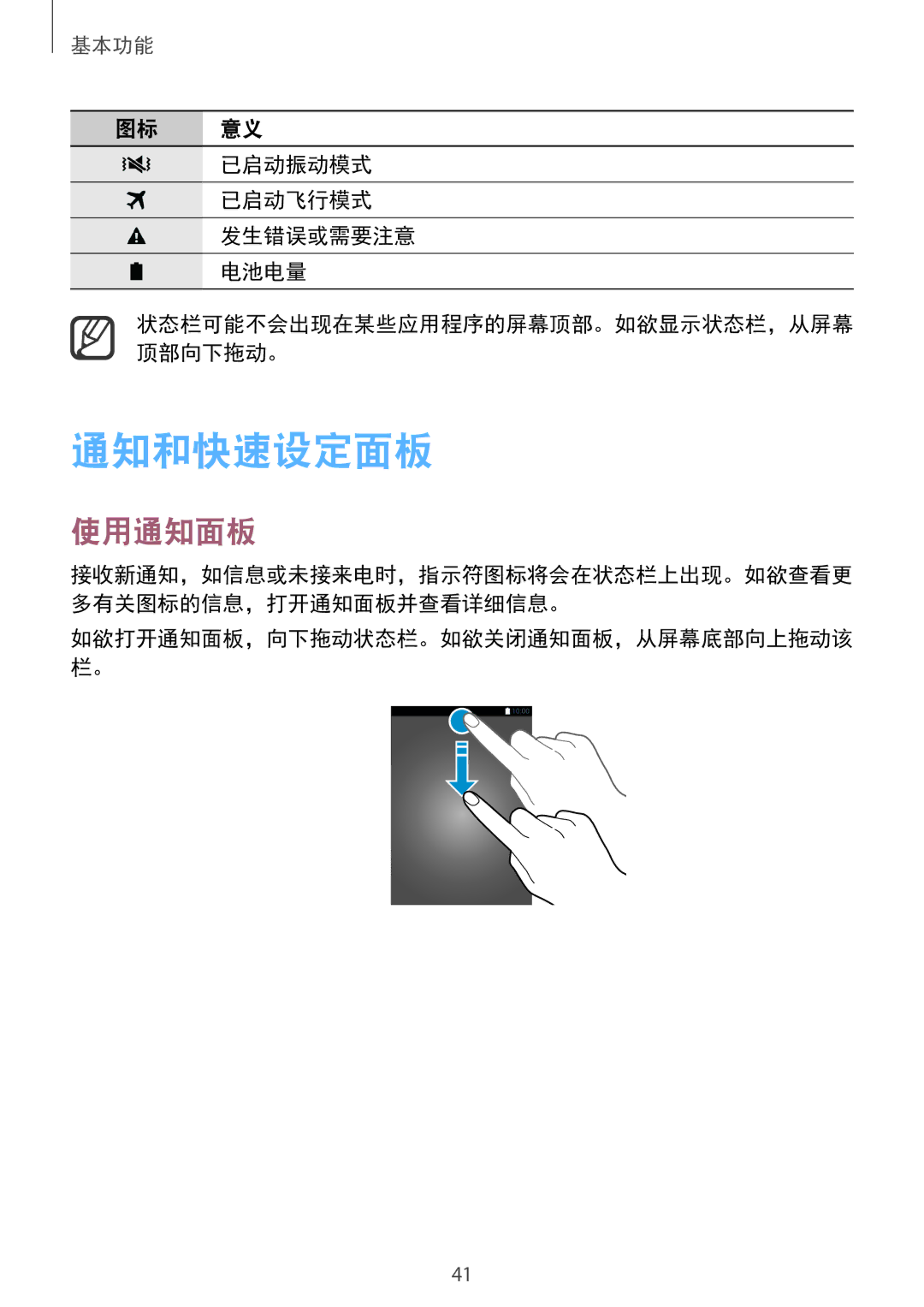 Samsung SM-N915FZWEXEV, SM-N915FZKEXEV manual 通知和快速设定面板, 使用通知面板, 图标 意义 已启动振动模式 已启动飞行模式 发生错误或需要注意 电池电量 