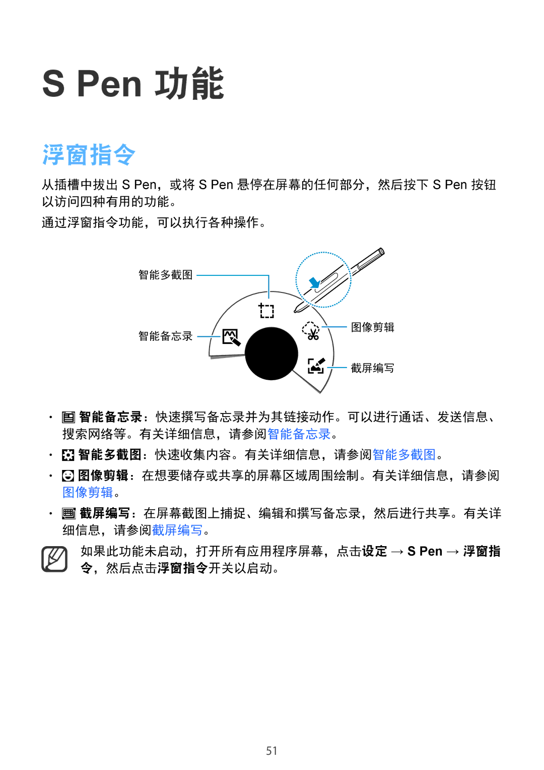 Samsung SM-N915FZWEXEV manual 智能多截图：快速收集内容。有关详细信息，请参阅智能多截图。, 如果此功能未启动，打开所有应用程序屏幕，点击设定 → S Pen → 浮窗指 令，然后点击浮窗指令开关以启动。 