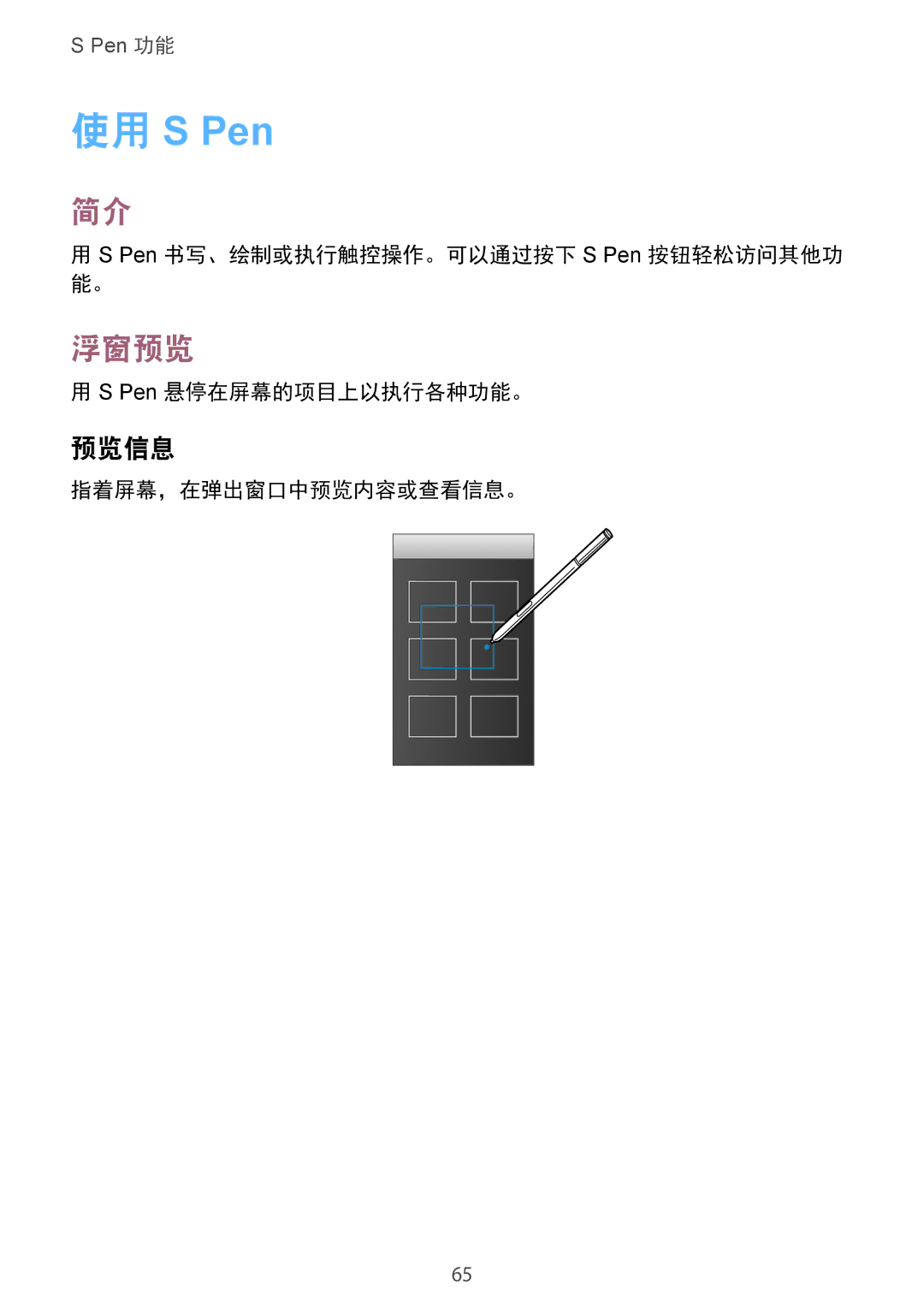 Samsung SM-N915FZWEXEV, SM-N915FZKEXEV manual 浮窗预览, 预览信息, Pen 书写、绘制或执行触控操作。可以通过按下 S Pen 按钮轻松访问其他功 能。, Pen 悬停在屏幕的项目上以执行各种功能。 