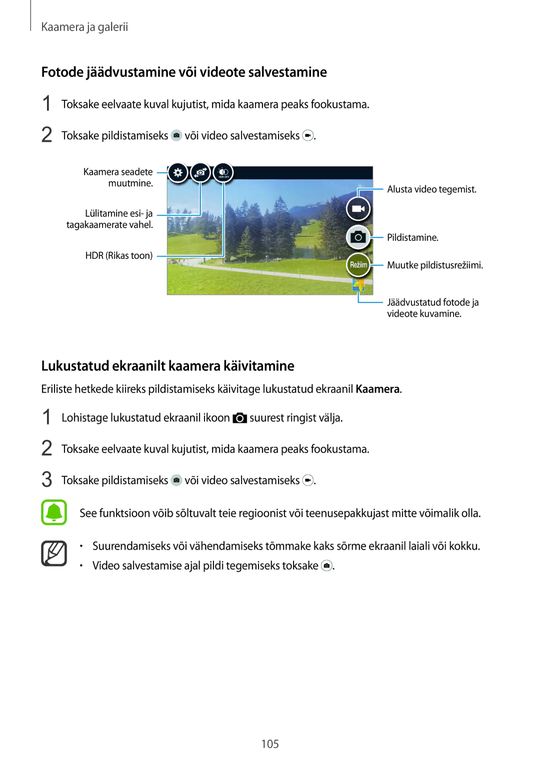 Samsung SM-N915FZWYSEB manual Fotode jäädvustamine või videote salvestamine, Lukustatud ekraanilt kaamera käivitamine 