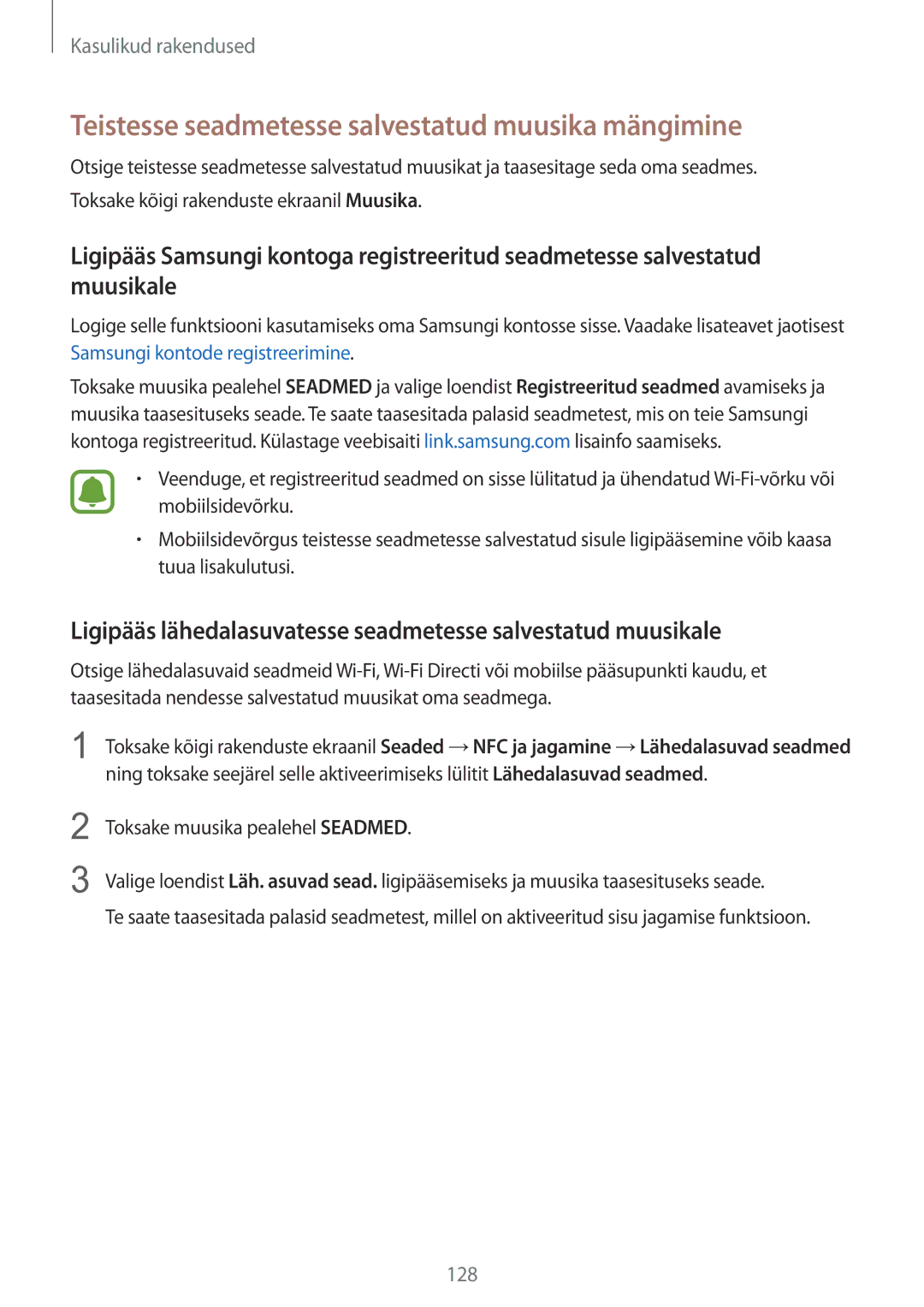 Samsung SM-N915FZKYSEB, SM-N915FZWYSEB manual Teistesse seadmetesse salvestatud muusika mängimine 