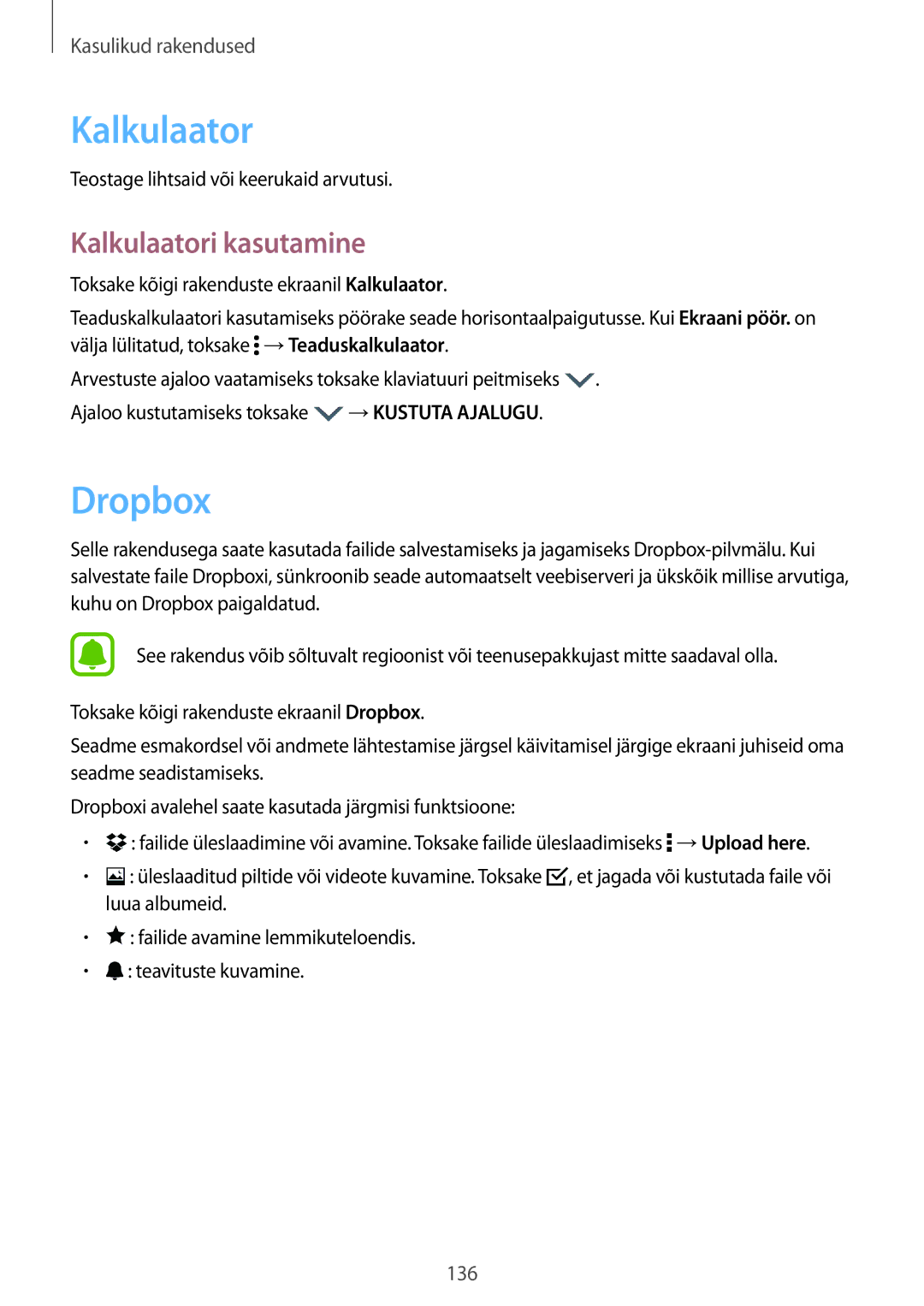 Samsung SM-N915FZKYSEB, SM-N915FZWYSEB manual Dropbox, Kalkulaatori kasutamine, Teostage lihtsaid või keerukaid arvutusi 