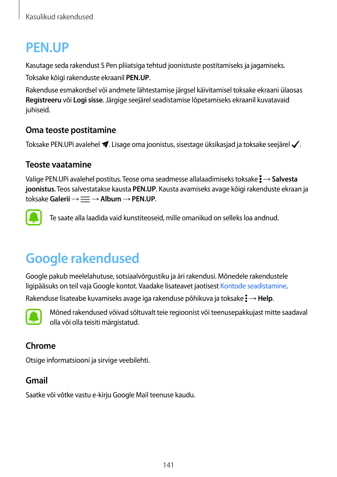 Samsung SM-N915FZWYSEB, SM-N915FZKYSEB manual Google rakendused, Oma teoste postitamine, Teoste vaatamine, Chrome, Gmail 