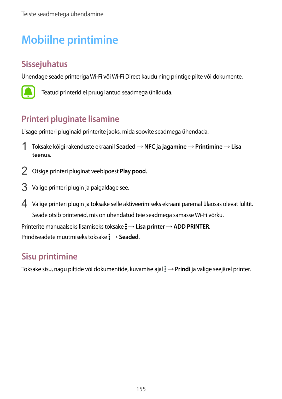 Samsung SM-N915FZWYSEB, SM-N915FZKYSEB manual Mobiilne printimine, Printeri pluginate lisamine, Sisu printimine, Teenus 