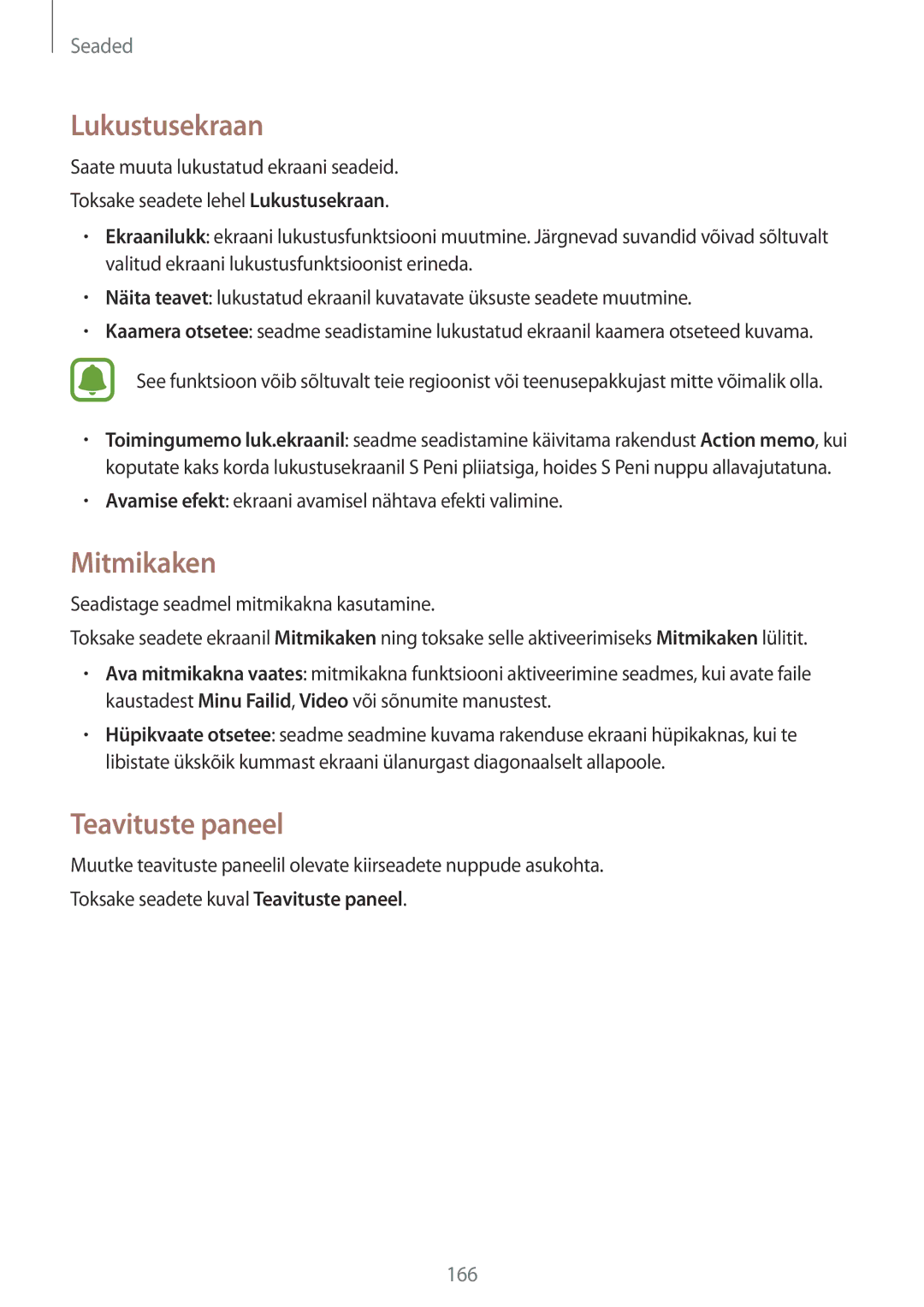 Samsung SM-N915FZKYSEB, SM-N915FZWYSEB manual Lukustusekraan, Mitmikaken, Teavituste paneel 