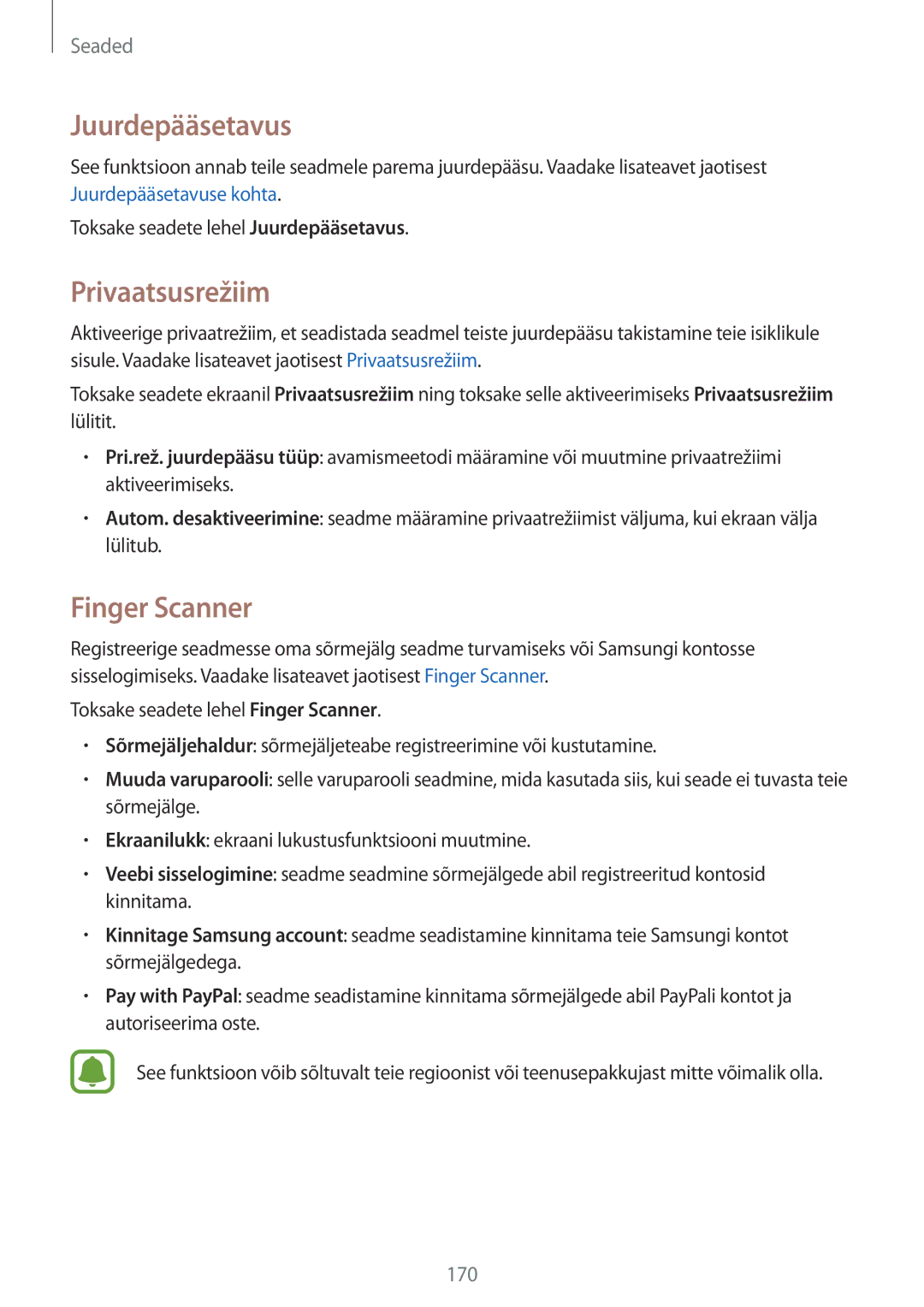 Samsung SM-N915FZKYSEB, SM-N915FZWYSEB manual Juurdepääsetavus, Privaatsusrežiim, Finger Scanner 