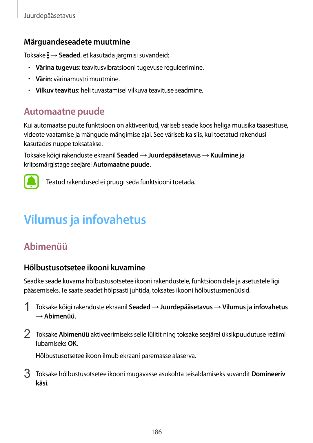 Samsung SM-N915FZKYSEB, SM-N915FZWYSEB manual Vilumus ja infovahetus, Automaatne puude, Abimenüü, Märguandeseadete muutmine 