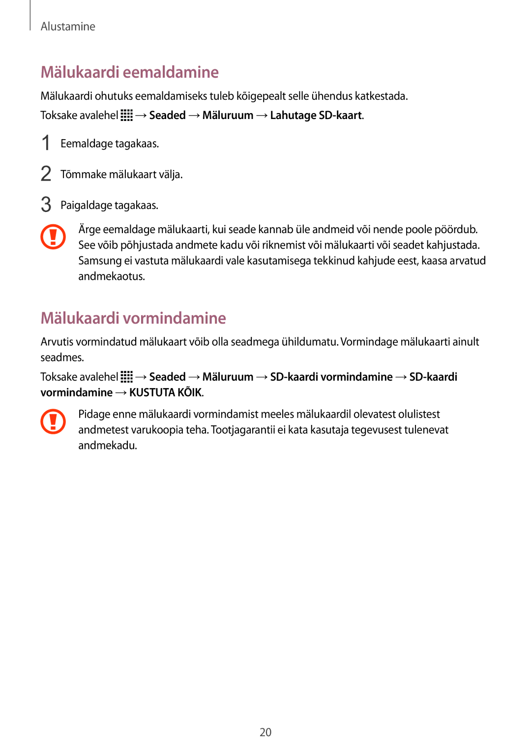 Samsung SM-N915FZKYSEB, SM-N915FZWYSEB manual Mälukaardi eemaldamine, Mälukaardi vormindamine 