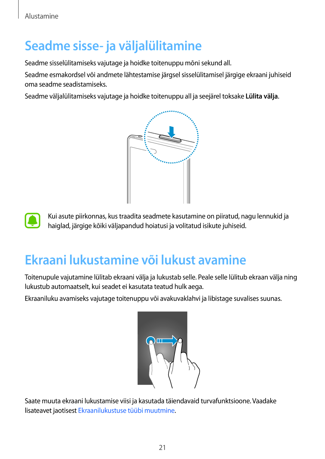 Samsung SM-N915FZWYSEB, SM-N915FZKYSEB manual Seadme sisse- ja väljalülitamine, Ekraani lukustamine või lukust avamine 