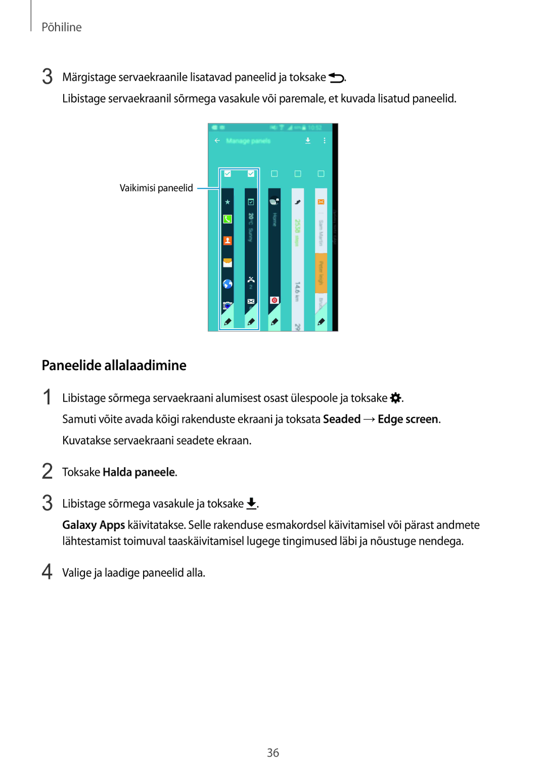 Samsung SM-N915FZKYSEB Paneelide allalaadimine, Libistage sõrmega vasakule ja toksake, Valige ja laadige paneelid alla 