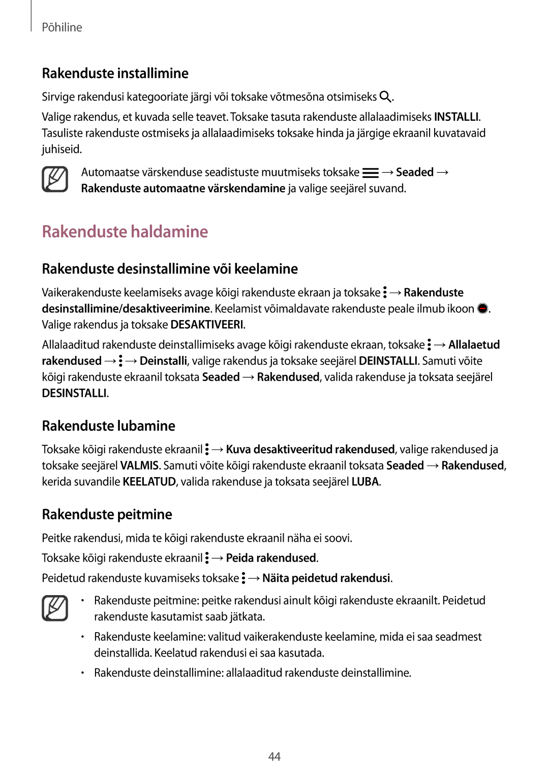 Samsung SM-N915FZKYSEB, SM-N915FZWYSEB Rakenduste haldamine, Rakenduste desinstallimine või keelamine, Rakenduste lubamine 