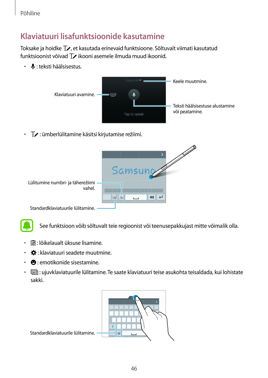 Samsung SM-N915FZKYSEB manual Klaviatuuri lisafunktsioonide kasutamine, Ümberlülitamine käsitsi kirjutamise režiimi 