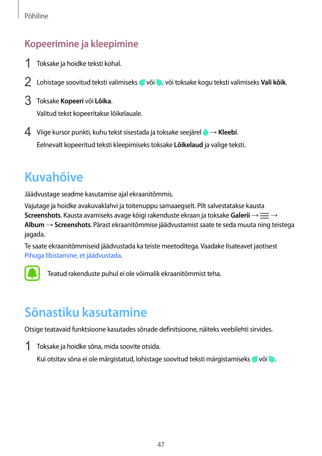 Samsung SM-N915FZWYSEB manual Kuvahõive, Sõnastiku kasutamine, Kopeerimine ja kleepimine, Toksake ja hoidke teksti kohal 