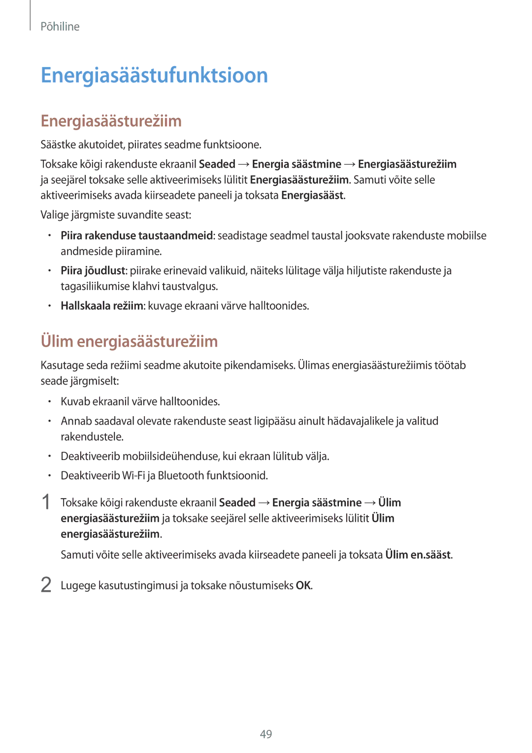 Samsung SM-N915FZWYSEB, SM-N915FZKYSEB manual Energiasäästufunktsioon, Energiasäästurežiim, Ülim energiasäästurežiim 