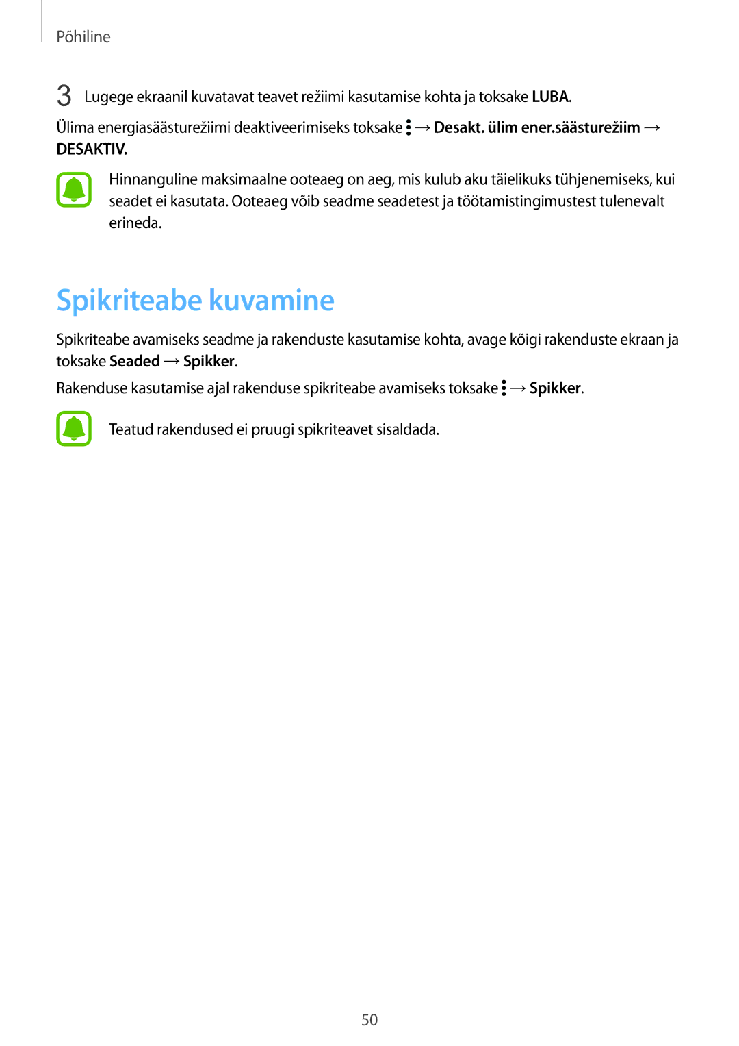 Samsung SM-N915FZKYSEB, SM-N915FZWYSEB manual Spikriteabe kuvamine, Desaktiv 