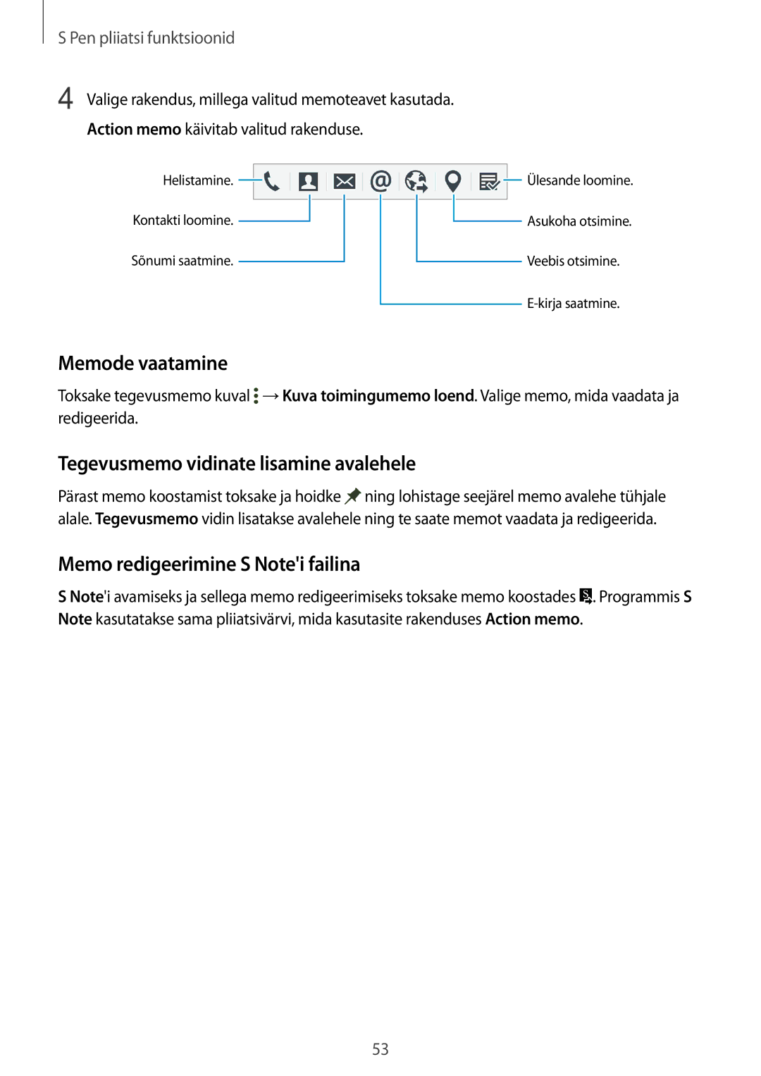 Samsung SM-N915FZWYSEB manual Memode vaatamine, Tegevusmemo vidinate lisamine avalehele, Memo redigeerimine S Notei failina 