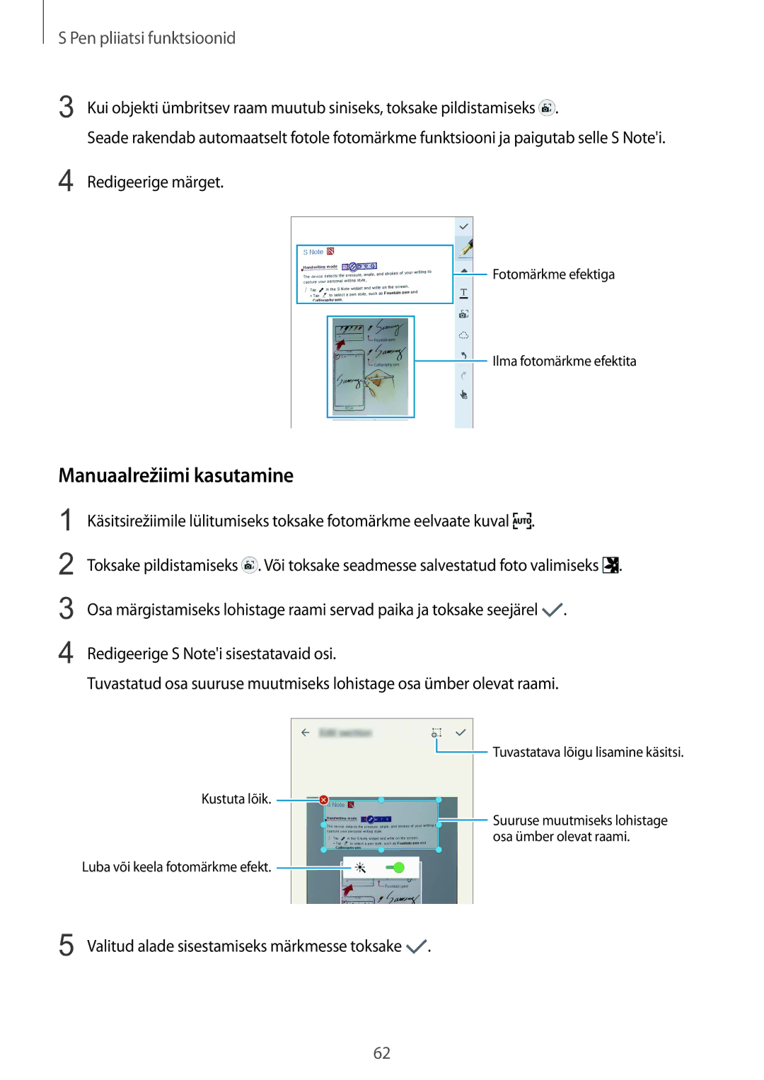 Samsung SM-N915FZKYSEB manual Manuaalrežiimi kasutamine, Redigeerige märget, Valitud alade sisestamiseks märkmesse toksake 