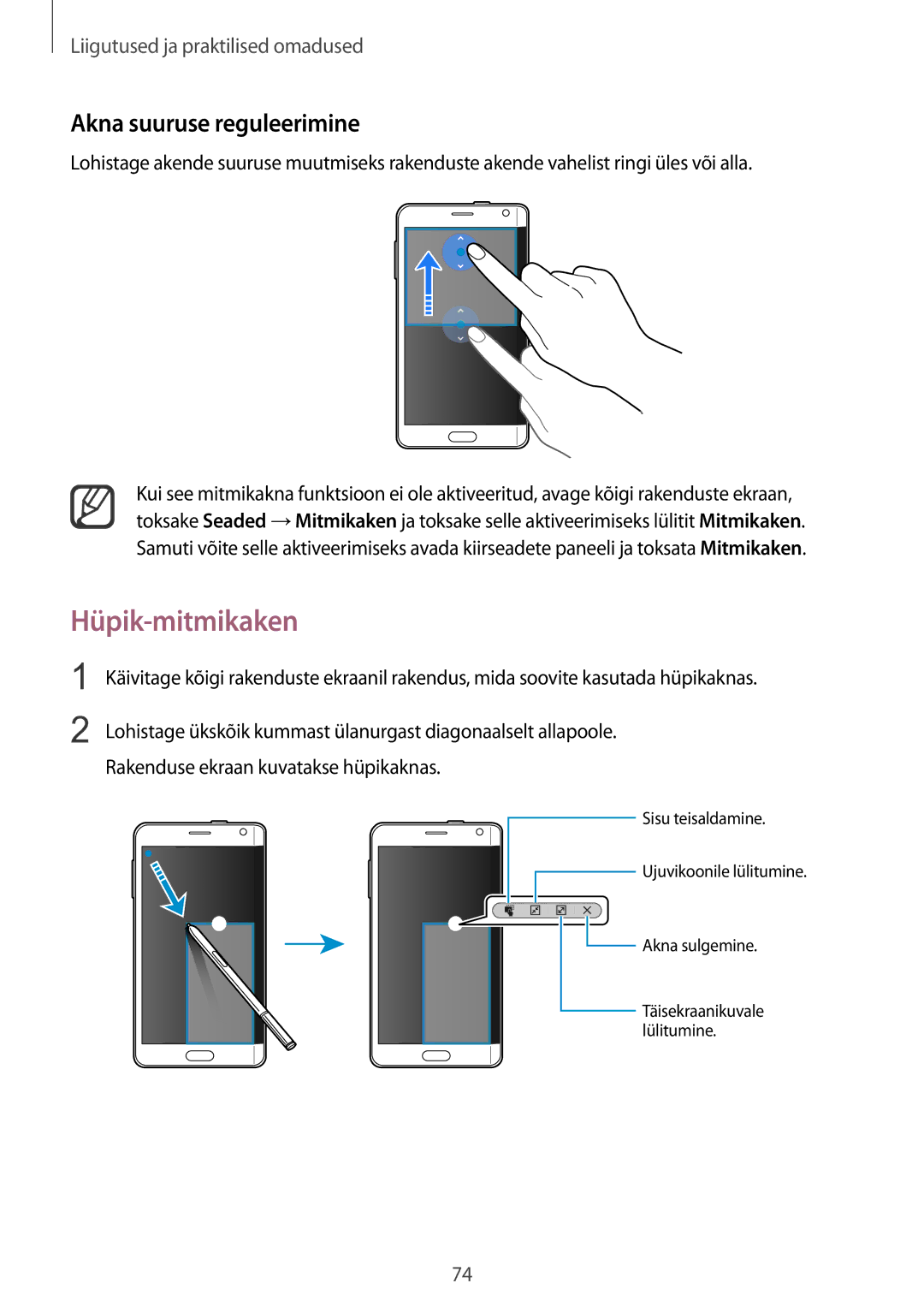 Samsung SM-N915FZKYSEB, SM-N915FZWYSEB manual Hüpik-mitmikaken, Akna suuruse reguleerimine 