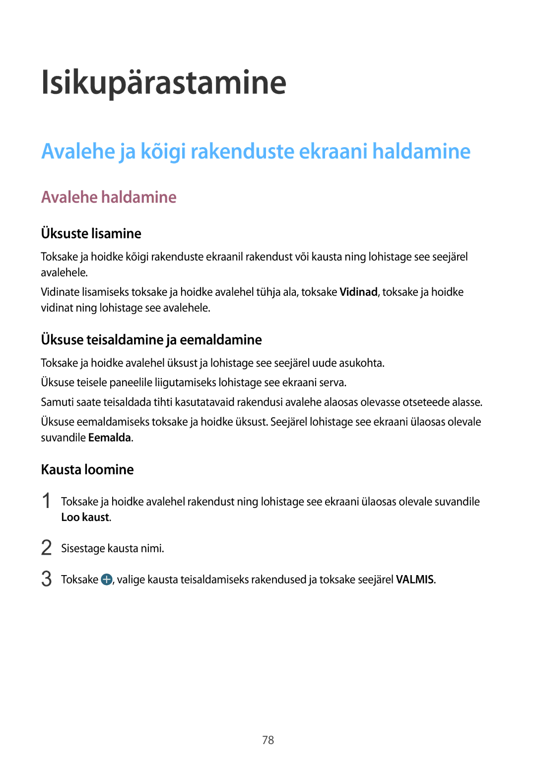 Samsung SM-N915FZKYSEB manual Isikupärastamine, Avalehe haldamine, Üksuste lisamine, Üksuse teisaldamine ja eemaldamine 