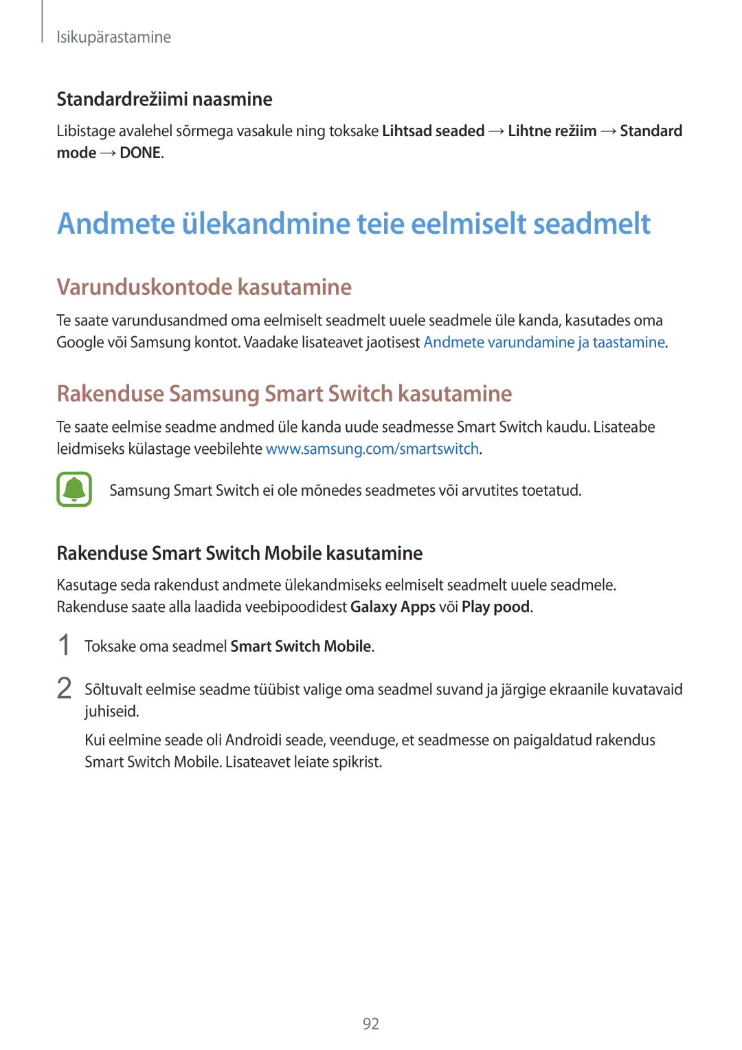 Samsung SM-N915FZKYSEB Varunduskontode kasutamine, Rakenduse Samsung Smart Switch kasutamine, Standardrežiimi naasmine 