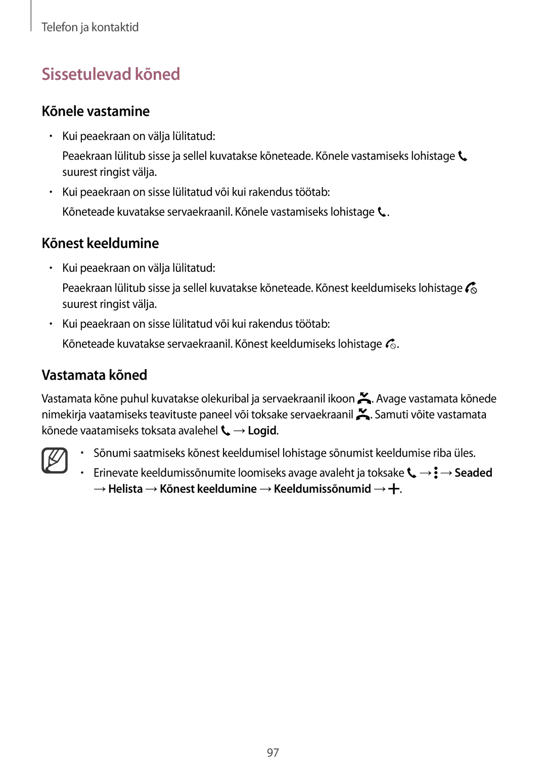 Samsung SM-N915FZWYSEB, SM-N915FZKYSEB manual Sissetulevad kõned, Kõnele vastamine, Kõnest keeldumine, Vastamata kõned 