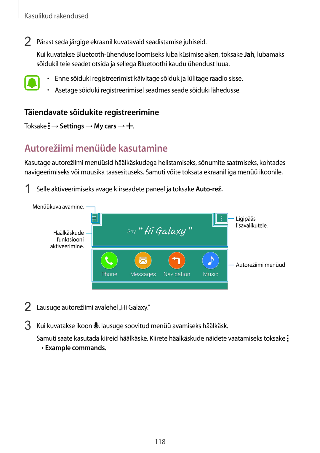 Samsung SM-N915FZKYSEB Autorežiimi menüüde kasutamine, Täiendavate sõidukite registreerimine, Toksake →Settings →My cars → 