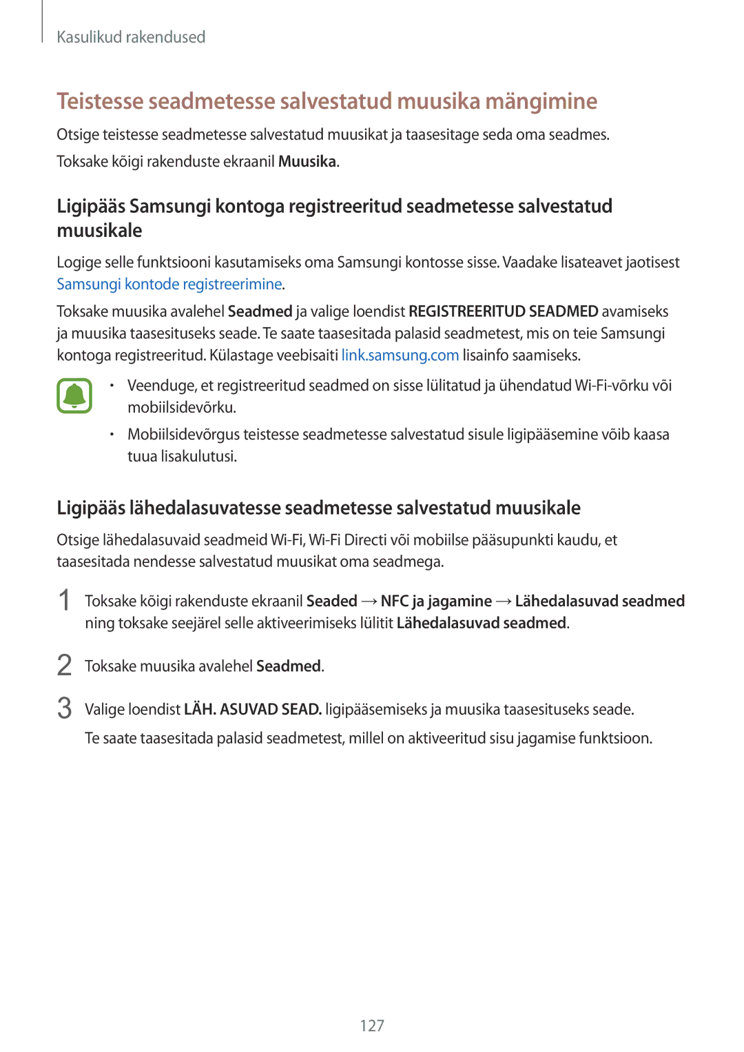 Samsung SM-N915FZWYSEB manual Teistesse seadmetesse salvestatud muusika mängimine, Toksake muusika avalehel Seadmed 