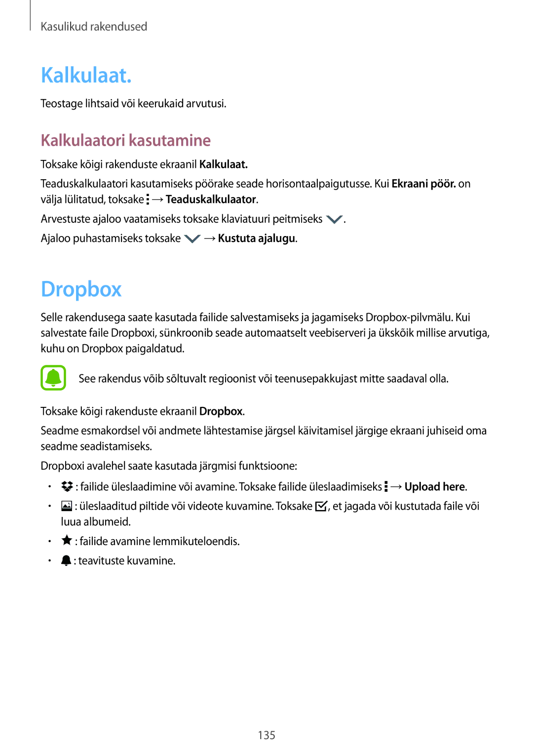 Samsung SM-N915FZWYSEB, SM-N915FZKYSEB manual Dropbox, Kalkulaatori kasutamine, Teostage lihtsaid või keerukaid arvutusi 