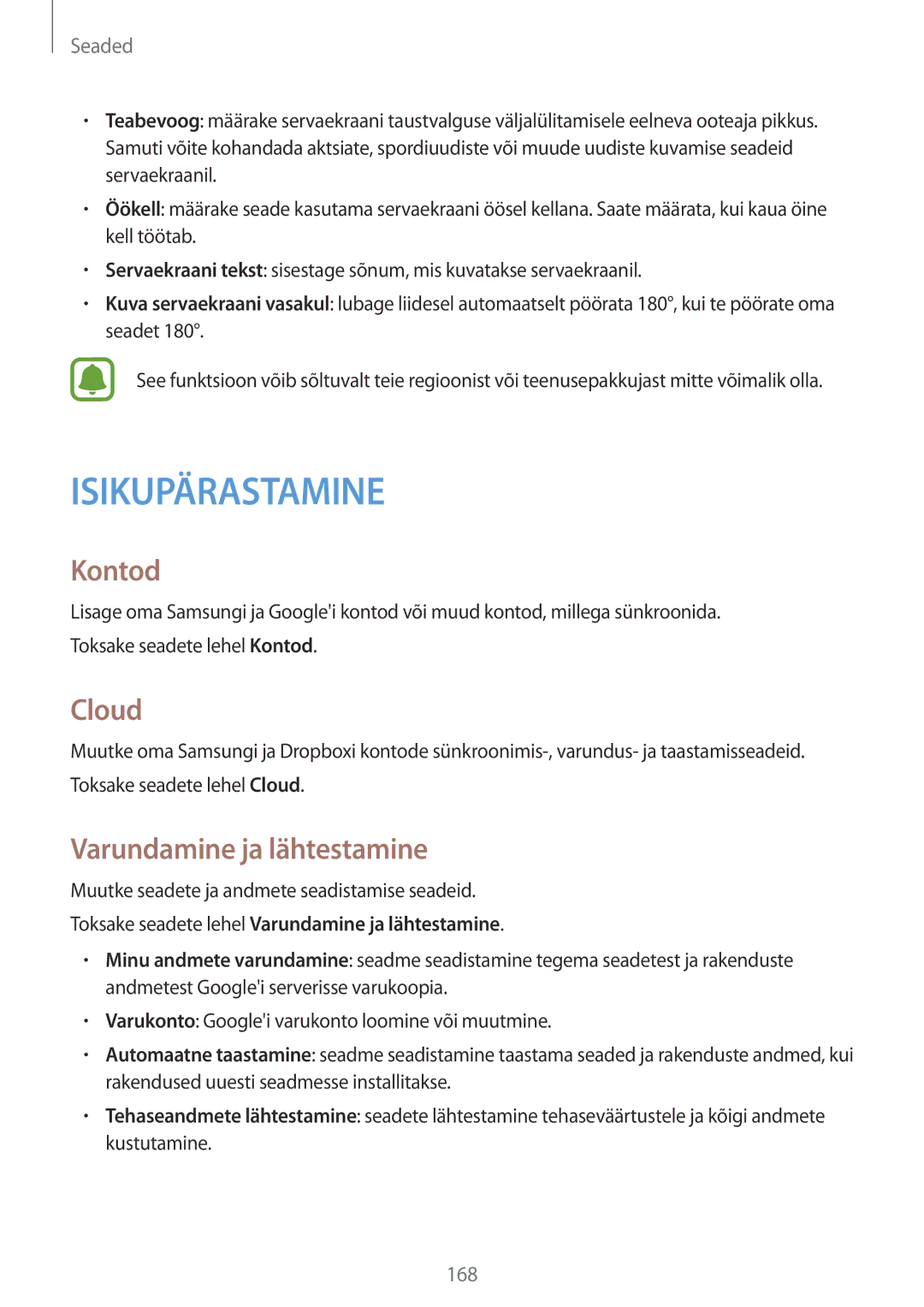 Samsung SM-N915FZKYSEB manual Kontod, Cloud, Varundamine ja lähtestamine, Muutke seadete ja andmete seadistamise seadeid 