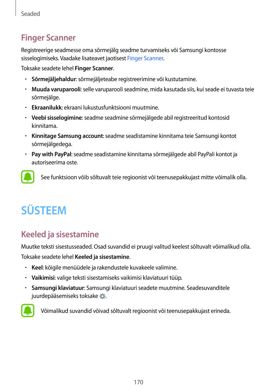 Samsung SM-N915FZKYSEB, SM-N915FZWYSEB manual Finger Scanner, Keeled ja sisestamine 