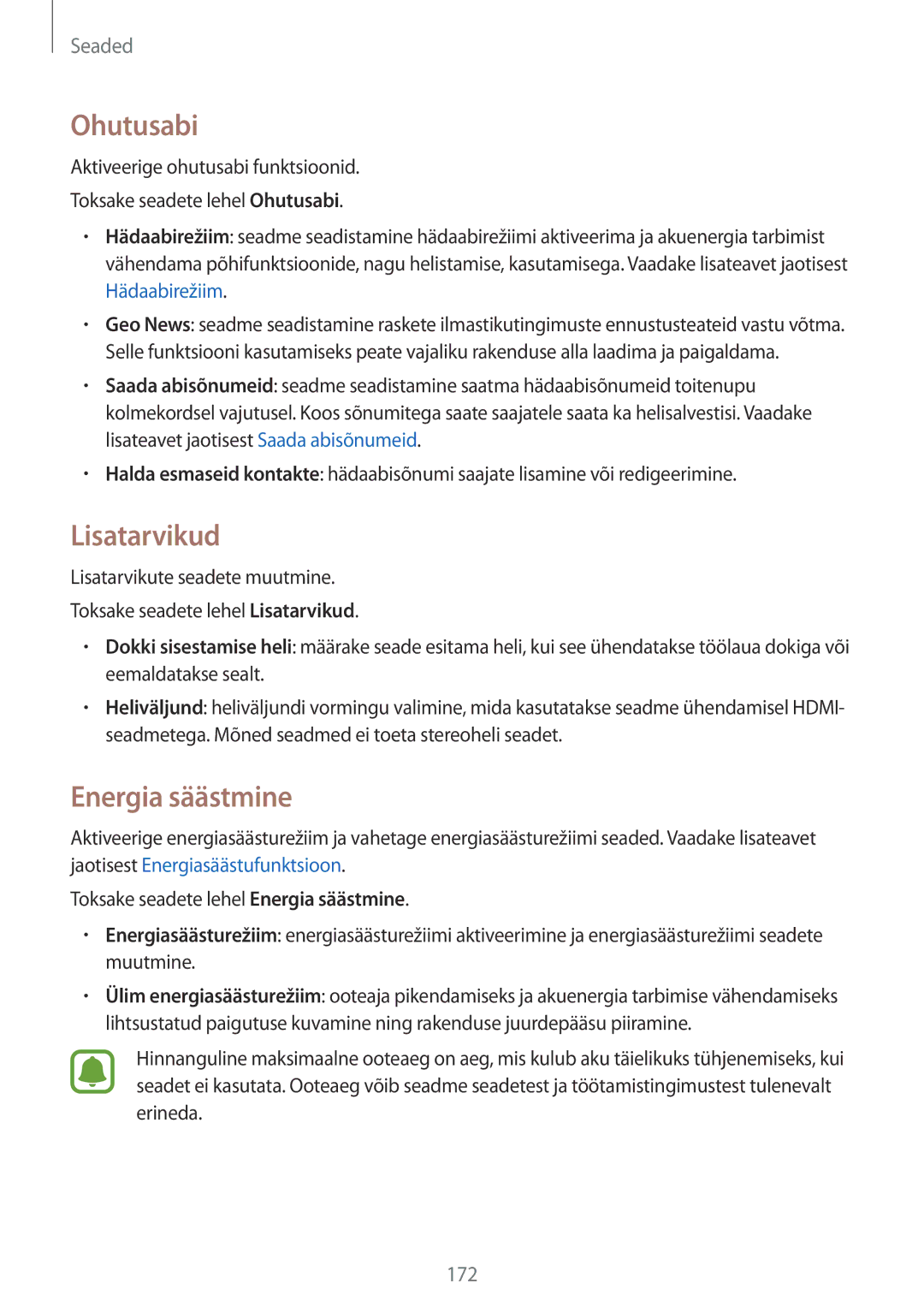 Samsung SM-N915FZKYSEB, SM-N915FZWYSEB manual Ohutusabi, Lisatarvikud, Energia säästmine 