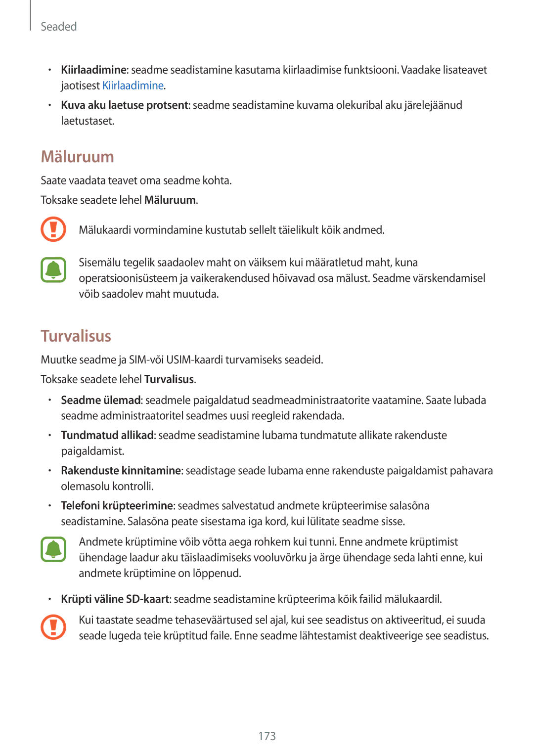 Samsung SM-N915FZWYSEB, SM-N915FZKYSEB manual Mäluruum, Turvalisus 