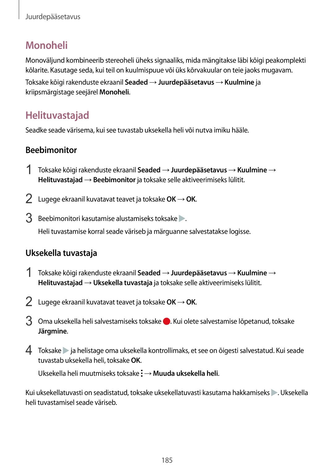 Samsung SM-N915FZWYSEB, SM-N915FZKYSEB manual Monoheli, Helituvastajad, Beebimonitor, Uksekella tuvastaja, Järgmine 