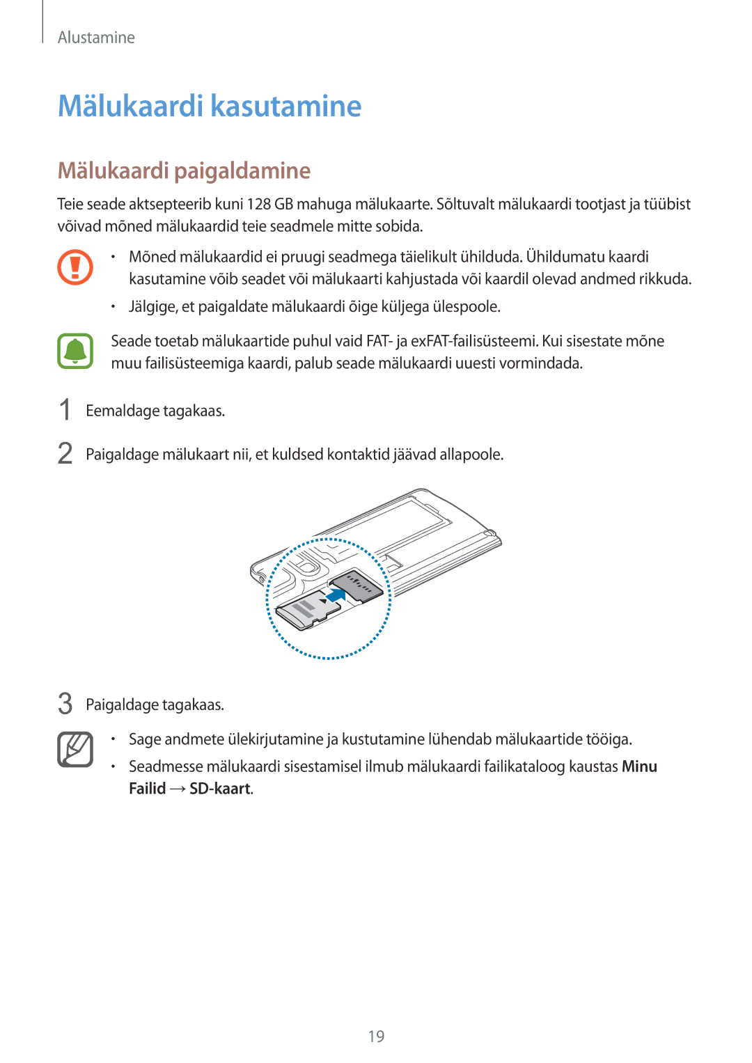 Samsung SM-N915FZWYSEB, SM-N915FZKYSEB manual Mälukaardi kasutamine, Mälukaardi paigaldamine 