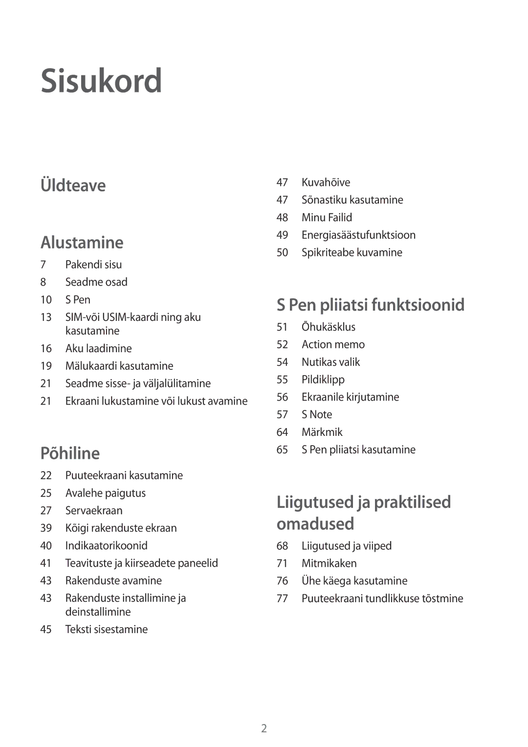 Samsung SM-N915FZKYSEB, SM-N915FZWYSEB manual Sisukord, Üldteave Alustamine 