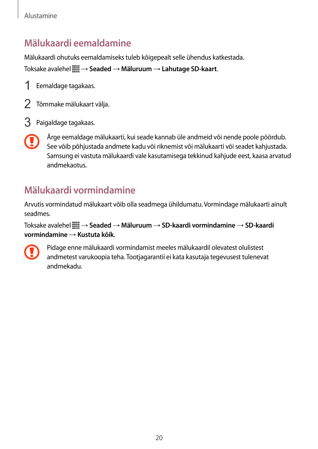 Samsung SM-N915FZKYSEB, SM-N915FZWYSEB manual Mälukaardi eemaldamine, Mälukaardi vormindamine 