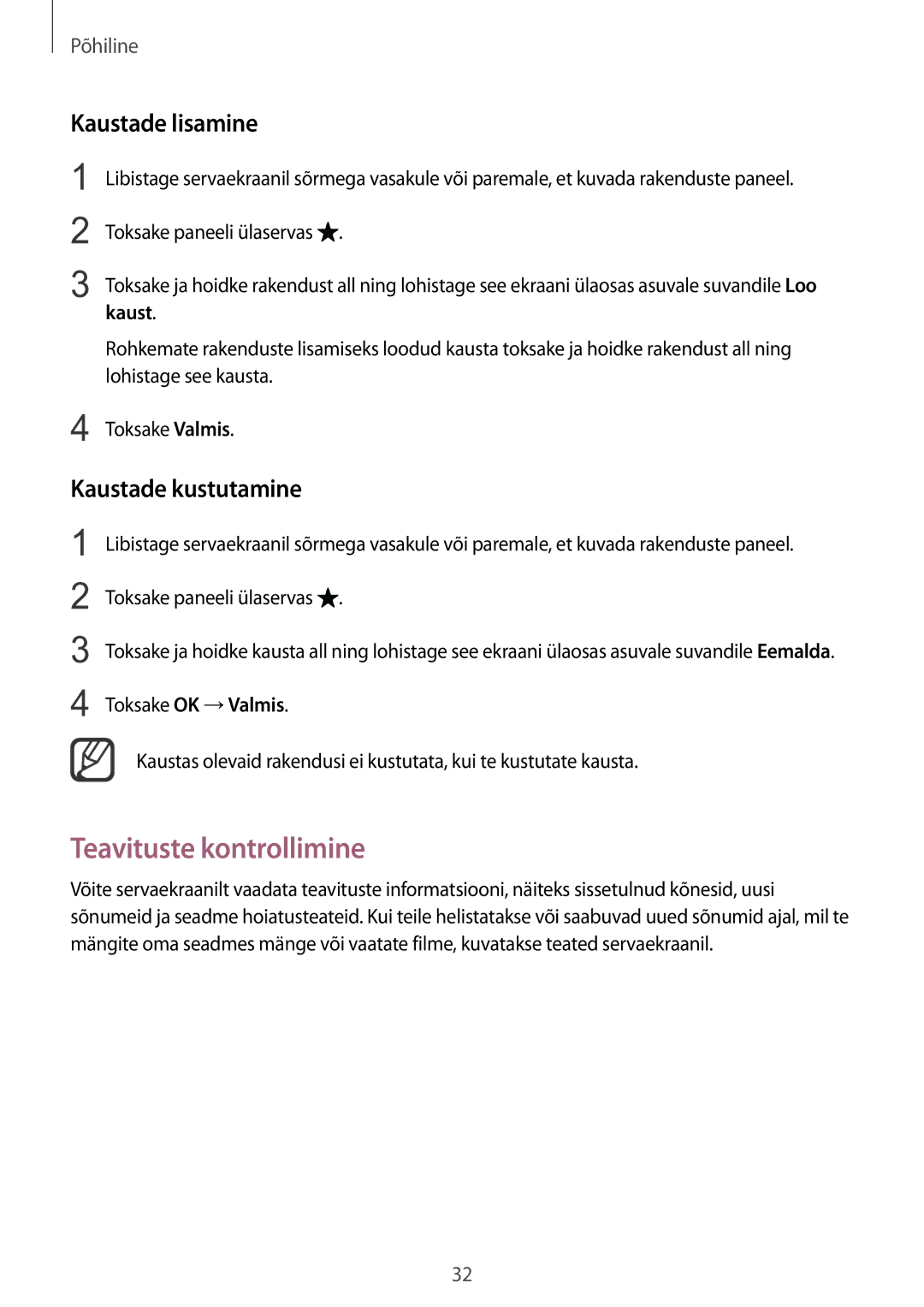 Samsung SM-N915FZKYSEB, SM-N915FZWYSEB manual Teavituste kontrollimine, Kaustade lisamine, Kaustade kustutamine 