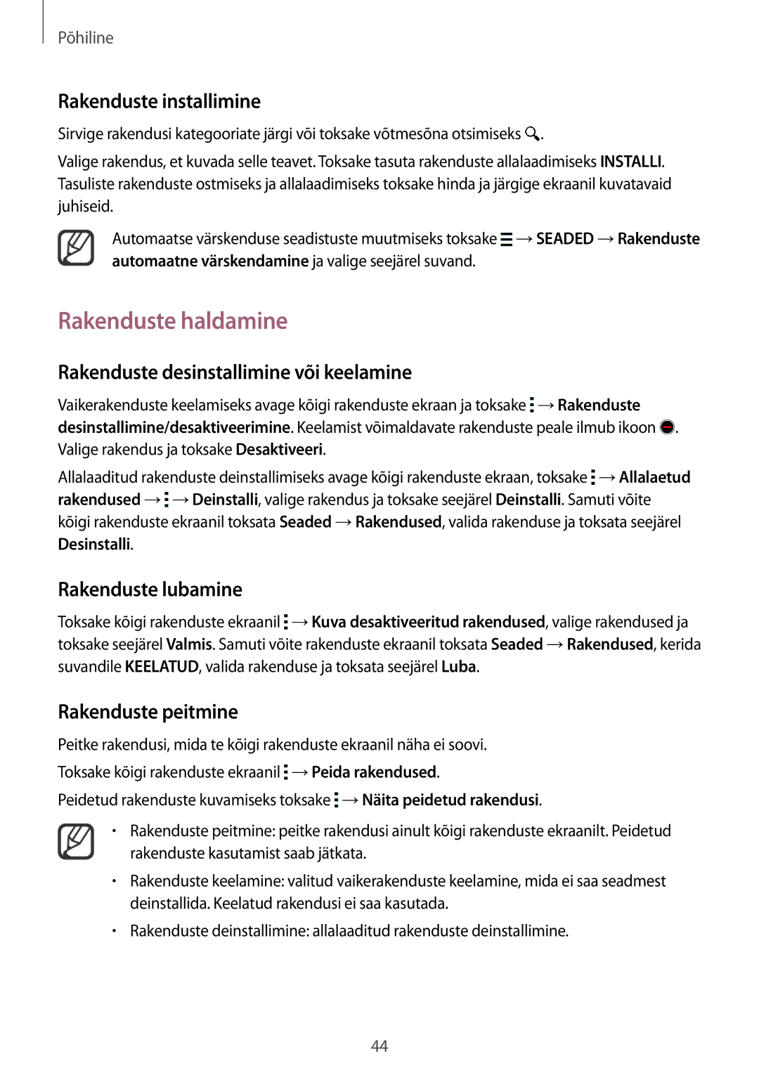 Samsung SM-N915FZKYSEB, SM-N915FZWYSEB Rakenduste haldamine, Rakenduste desinstallimine või keelamine, Rakenduste lubamine 