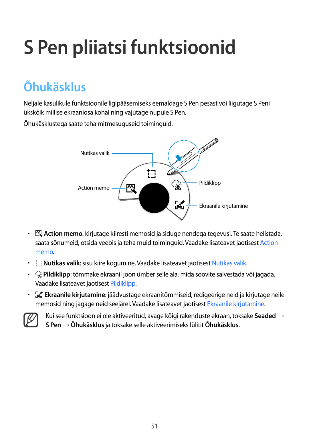 Samsung SM-N915FZWYSEB, SM-N915FZKYSEB manual Pen pliiatsi funktsioonid, Õhukäsklus 