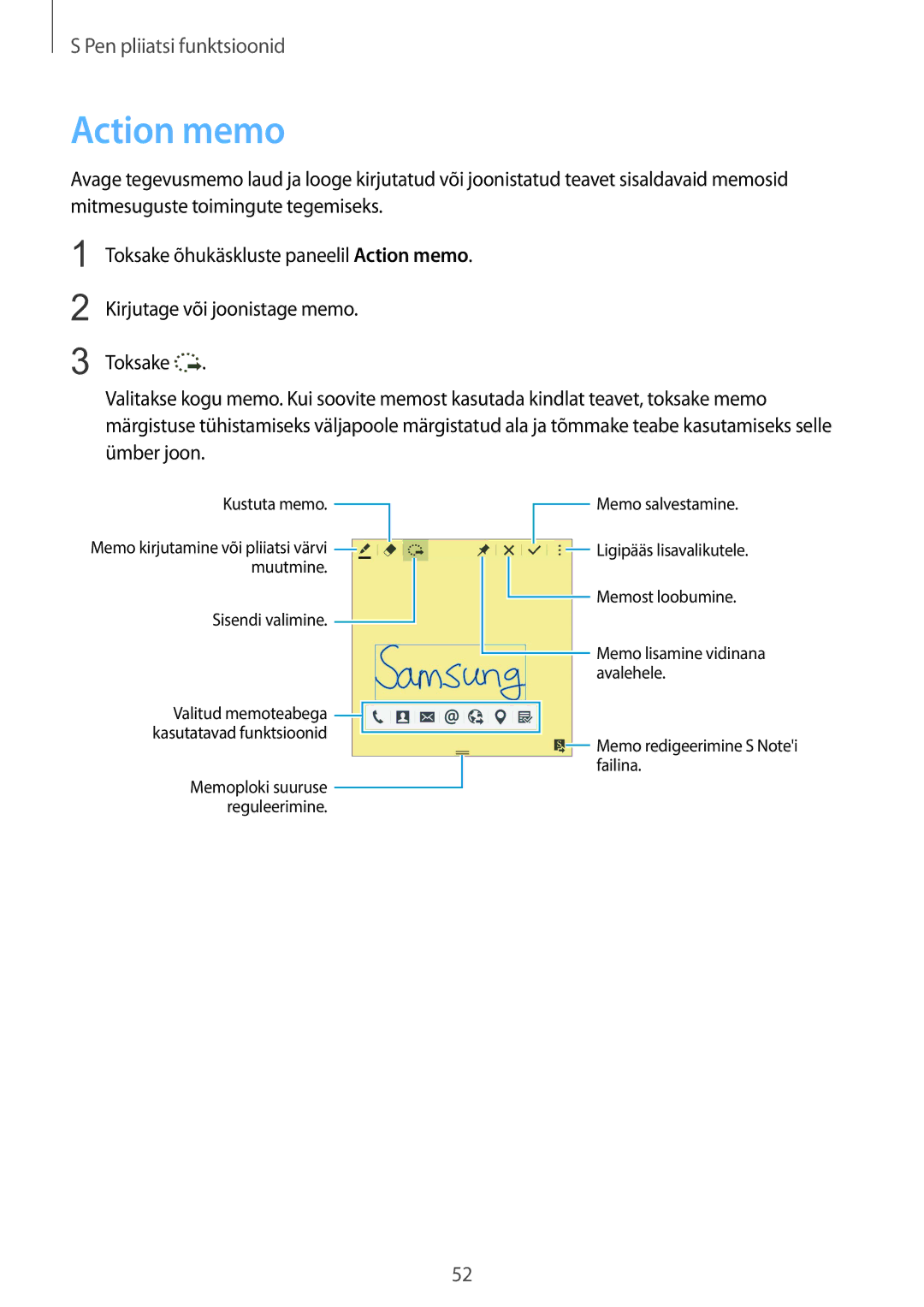 Samsung SM-N915FZKYSEB, SM-N915FZWYSEB manual Action memo 