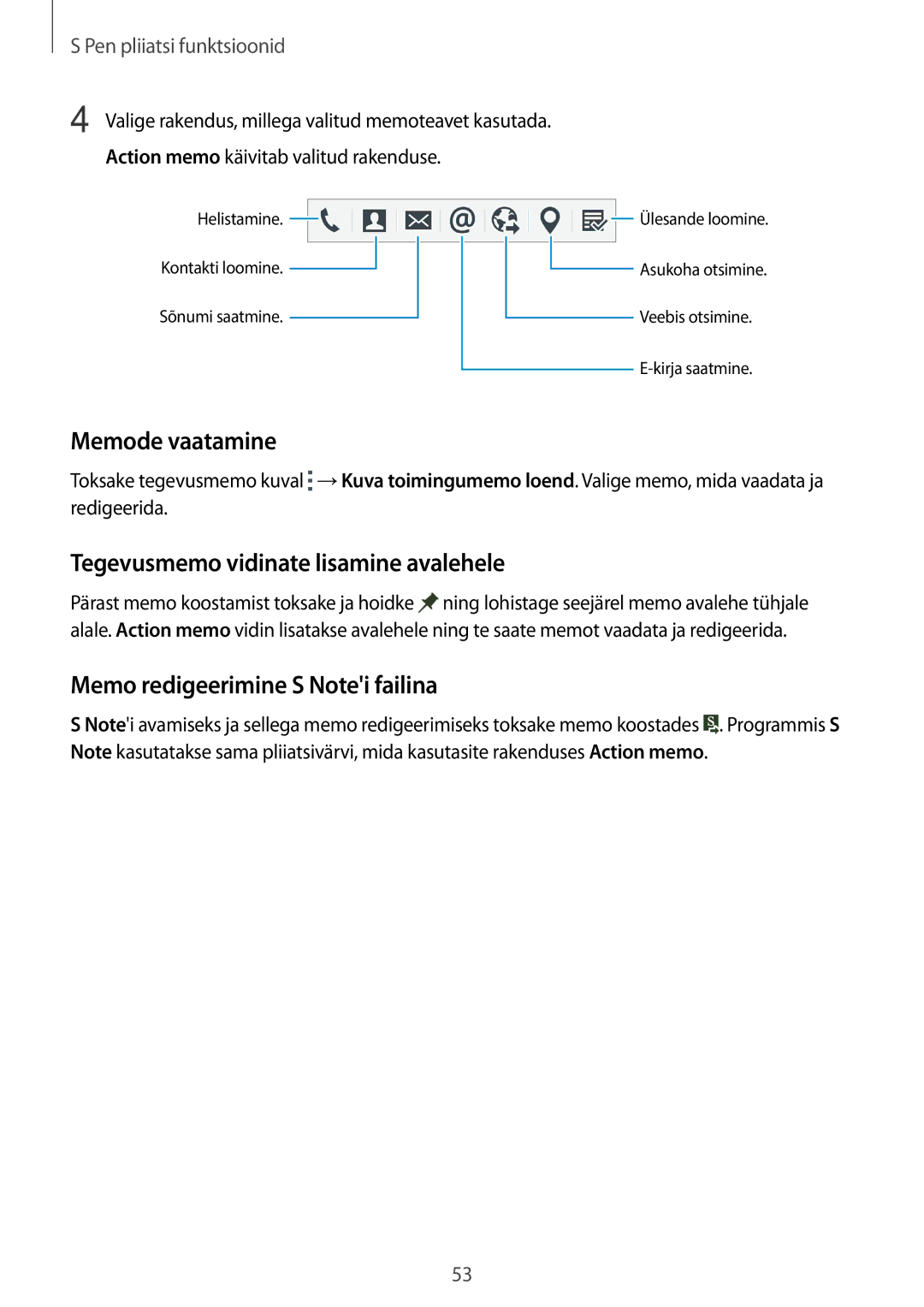 Samsung SM-N915FZWYSEB manual Memode vaatamine, Tegevusmemo vidinate lisamine avalehele, Memo redigeerimine S Notei failina 