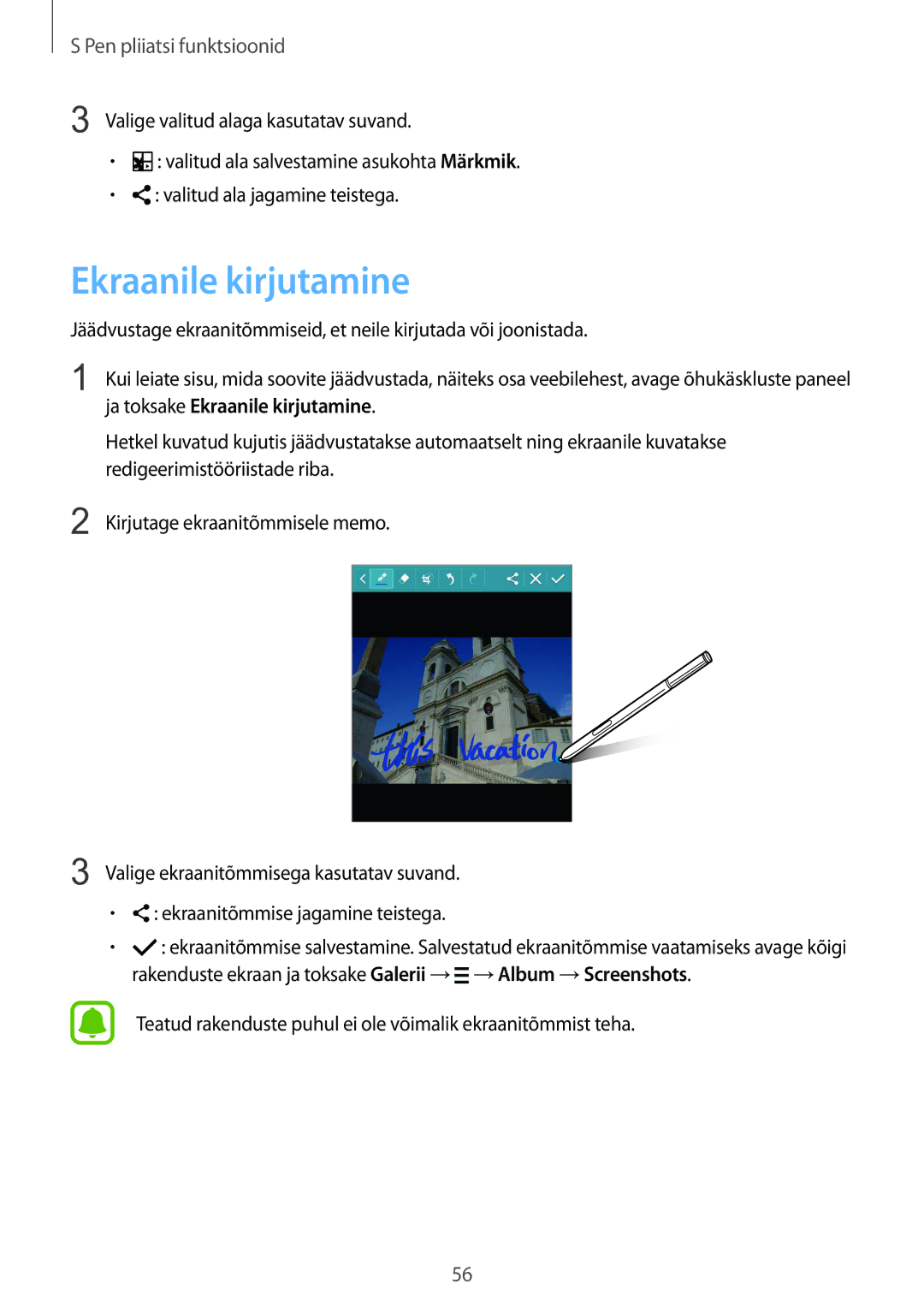 Samsung SM-N915FZKYSEB Ja toksake Ekraanile kirjutamine, Redigeerimistööriistade riba, Kirjutage ekraanitõmmisele memo 