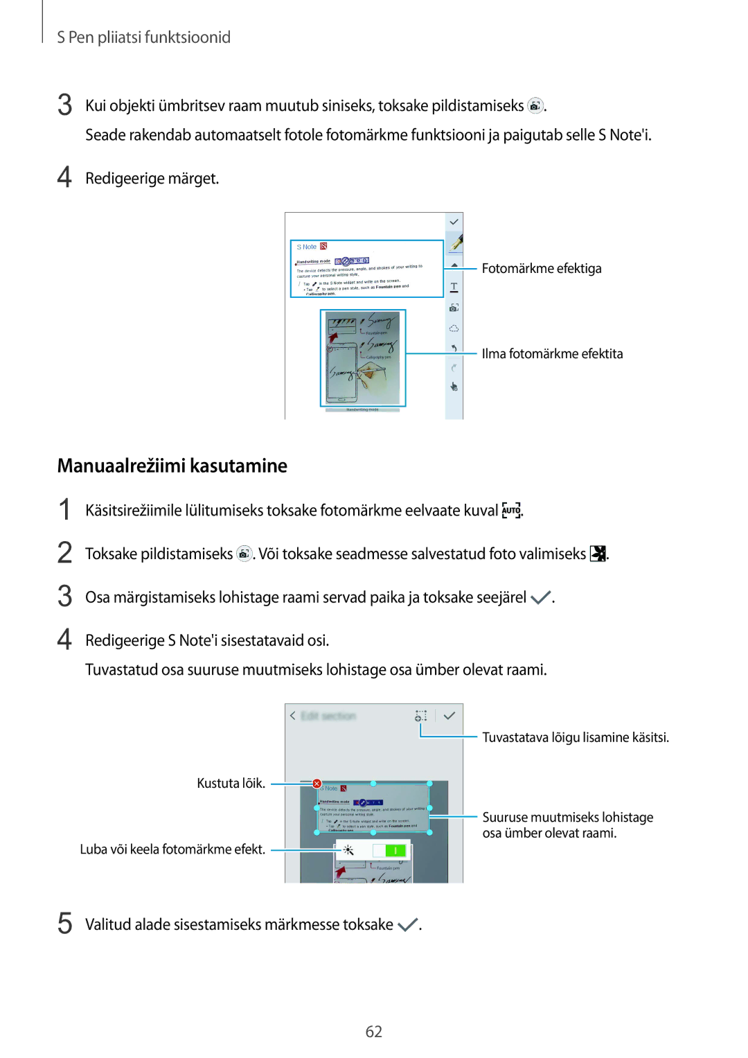 Samsung SM-N915FZKYSEB manual Manuaalrežiimi kasutamine, Redigeerige märget, Valitud alade sisestamiseks märkmesse toksake 