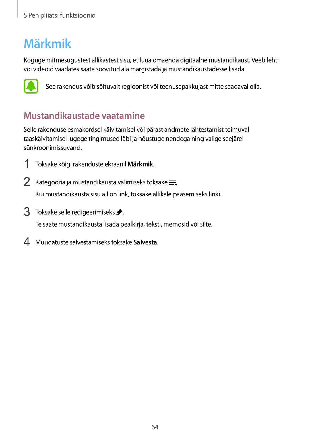 Samsung SM-N915FZKYSEB, SM-N915FZWYSEB manual Märkmik, Mustandikaustade vaatamine 