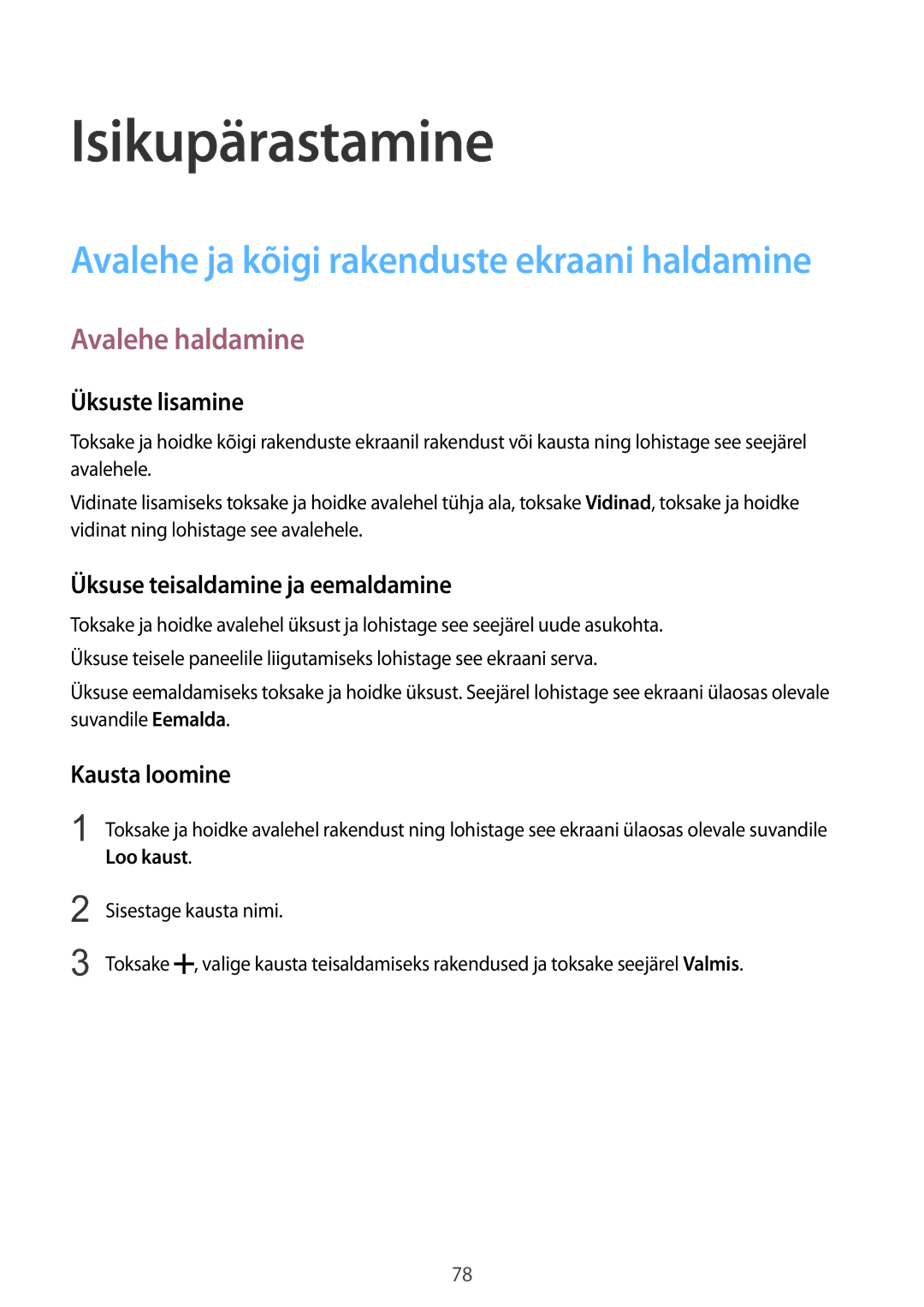 Samsung SM-N915FZKYSEB manual Isikupärastamine, Avalehe haldamine, Üksuste lisamine, Üksuse teisaldamine ja eemaldamine 