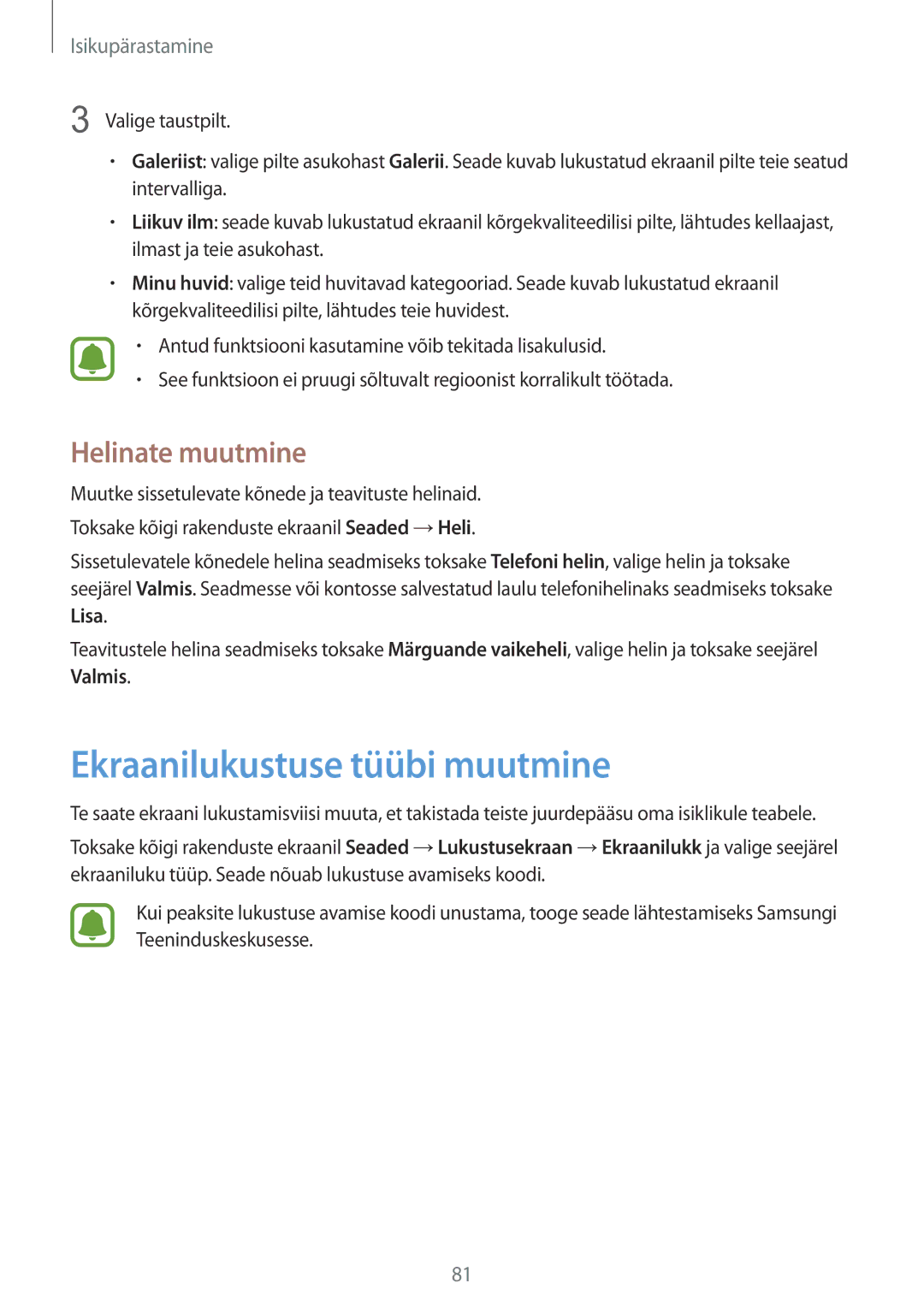 Samsung SM-N915FZWYSEB, SM-N915FZKYSEB manual Ekraanilukustuse tüübi muutmine, Helinate muutmine, Lisa 